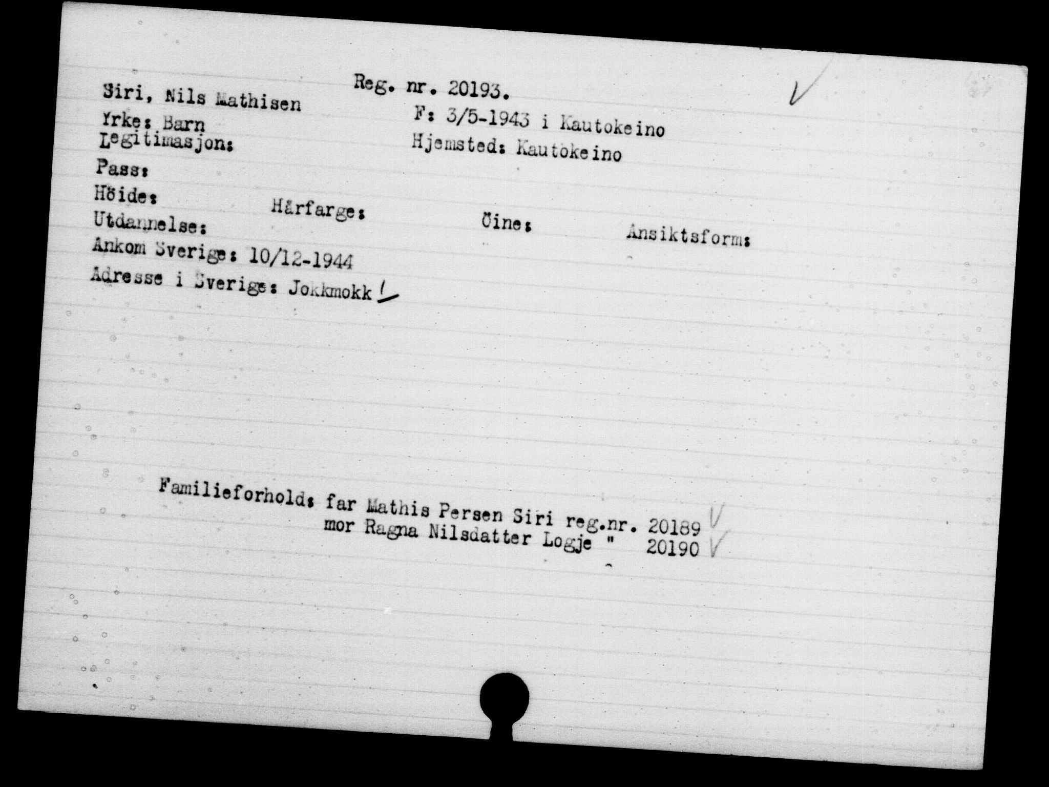 Utenriksstasjonene, Legasjonen i Stockholm, Flyktningkontoret, AV/RA-S-6753/V/Va/L0009: Kjesäterkartoteket, flyktninger med registreringsnr. 18502-22048, 1940-1945, p. 1858