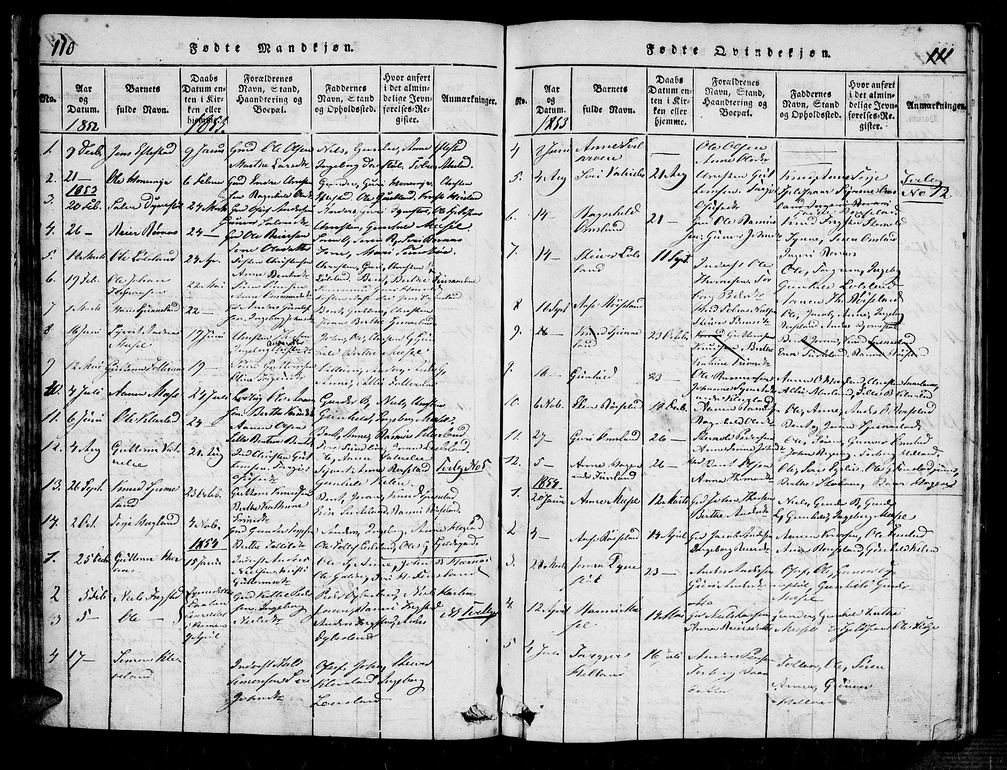 Bjelland sokneprestkontor, AV/SAK-1111-0005/F/Fa/Fab/L0002: Parish register (official) no. A 2, 1816-1869, p. 110-111