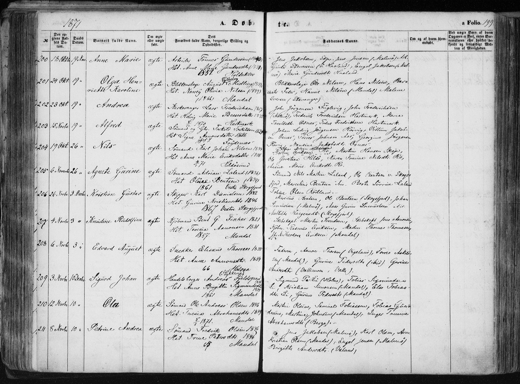 Mandal sokneprestkontor, AV/SAK-1111-0030/F/Fa/Faa/L0014: Parish register (official) no. A 14, 1859-1872, p. 199