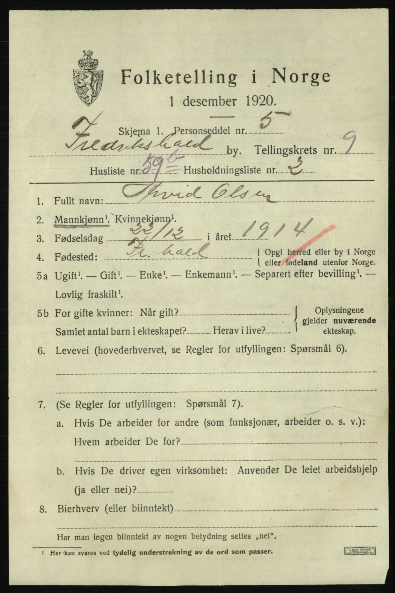 SAO, 1920 census for Fredrikshald, 1920, p. 17407