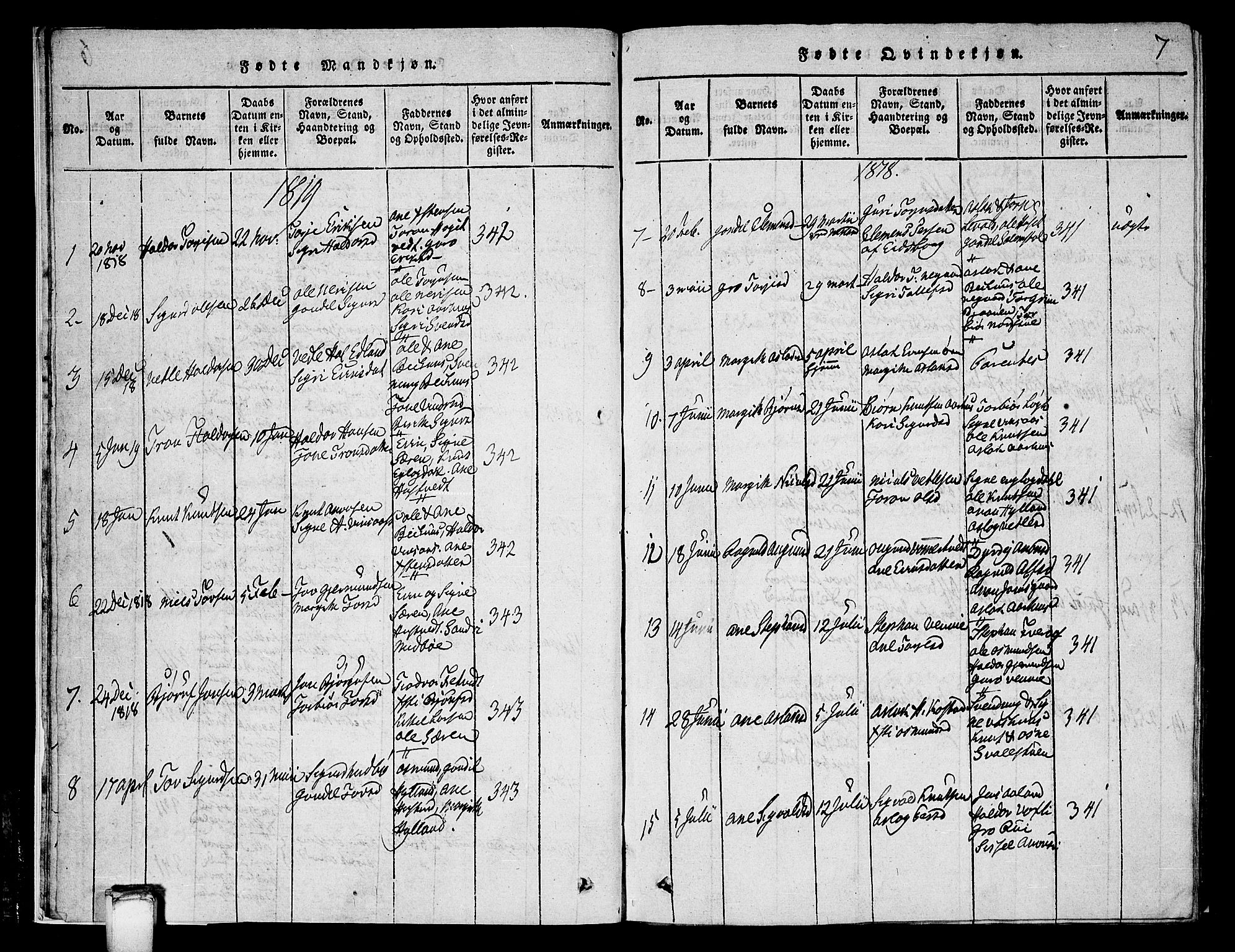 Vinje kirkebøker, SAKO/A-312/G/Ga/L0001: Parish register (copy) no. I 1, 1814-1843, p. 7