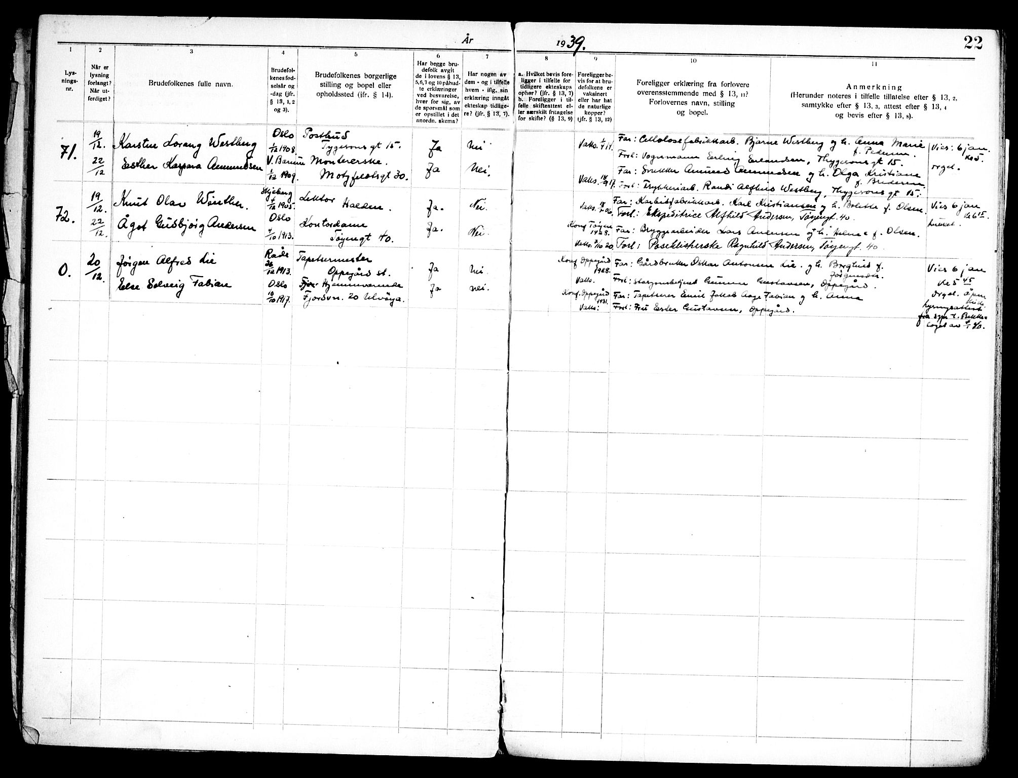 Tøyen prestekontor Kirkebøker, AV/SAO-A-10167a/H/Ha/L0002: Banns register no. 2, 1937-1962, p. 22