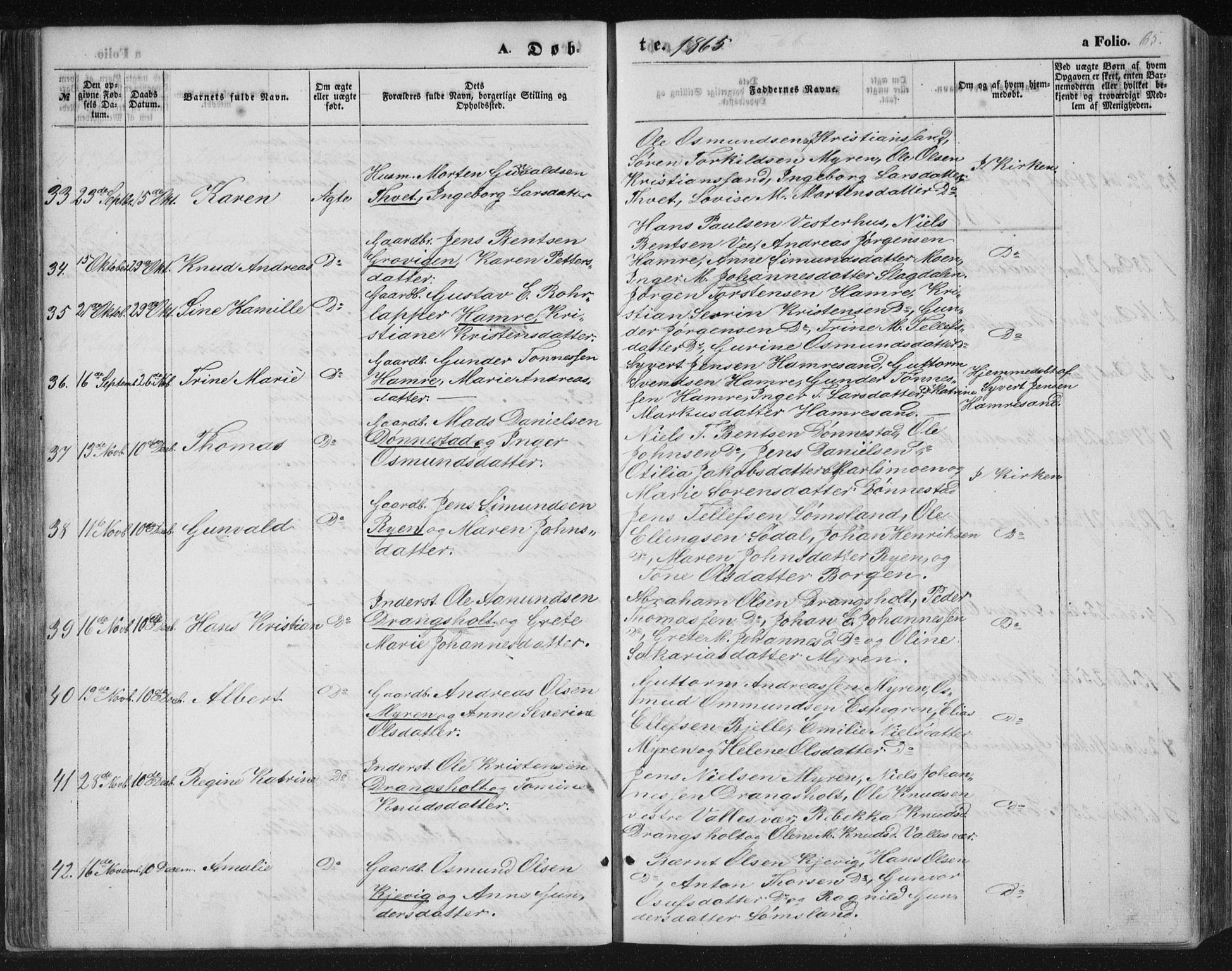 Tveit sokneprestkontor, AV/SAK-1111-0043/F/Fb/L0003: Parish register (copy) no. B 3, 1854-1886, p. 65