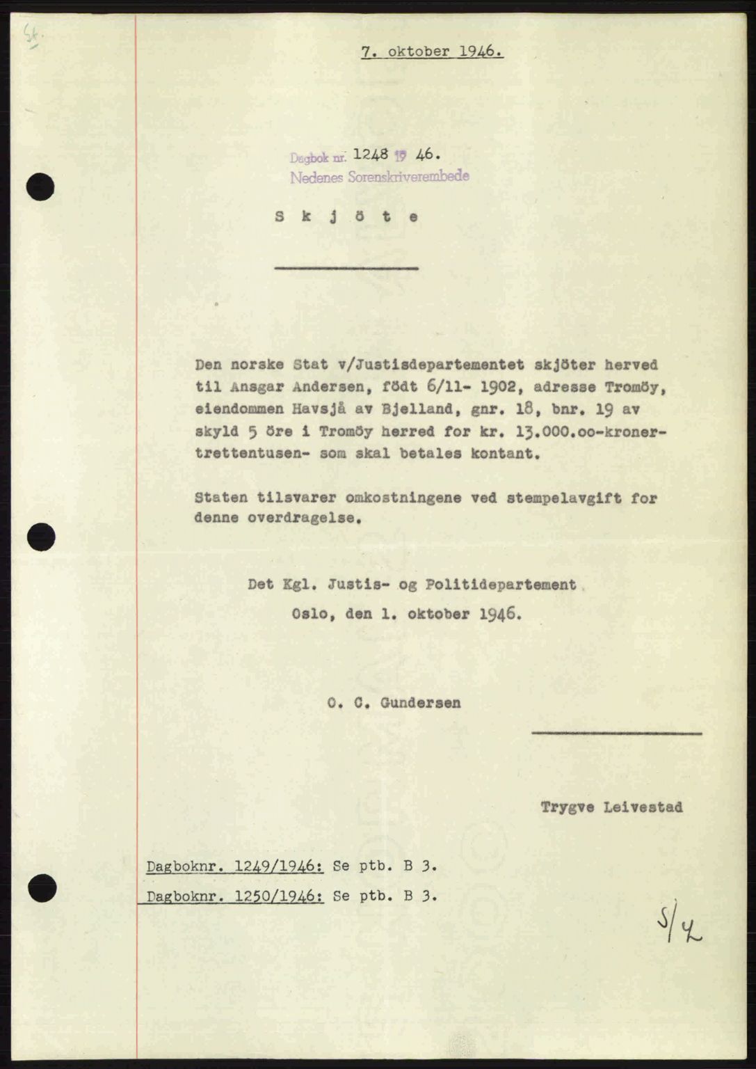 Nedenes sorenskriveri, SAK/1221-0006/G/Gb/Gba/L0056: Mortgage book no. A8, 1946-1947, Diary no: : 1248/1946