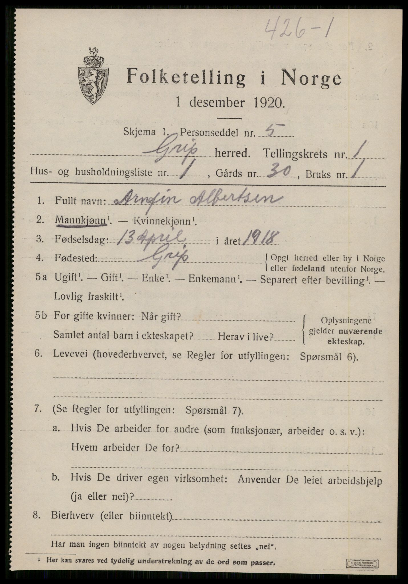 SAT, 1920 census for Grip, 1920, p. 116