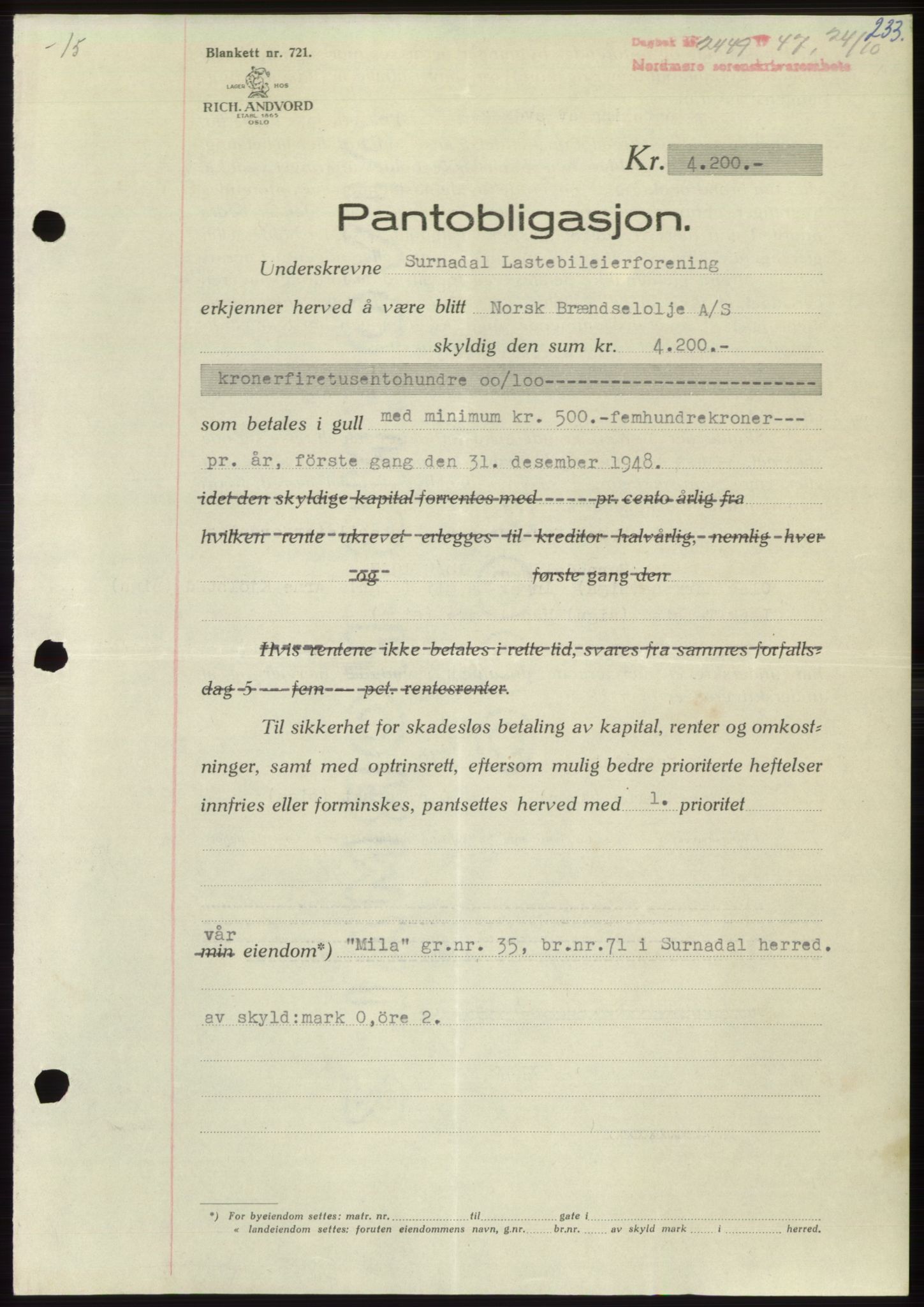 Nordmøre sorenskriveri, AV/SAT-A-4132/1/2/2Ca: Mortgage book no. B97, 1947-1948, Diary no: : 2449/1947