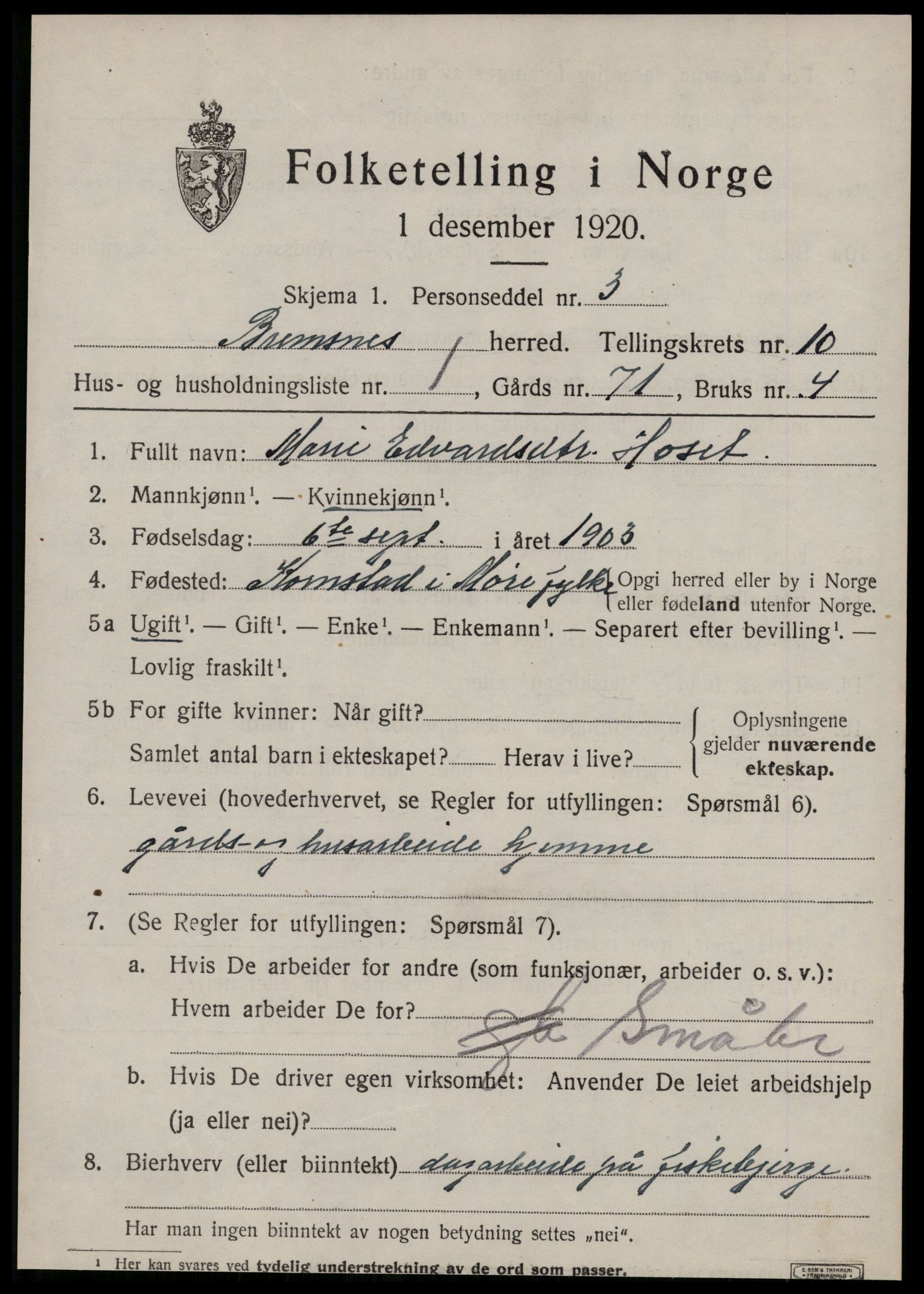 SAT, 1920 census for Bremsnes, 1920, p. 8465