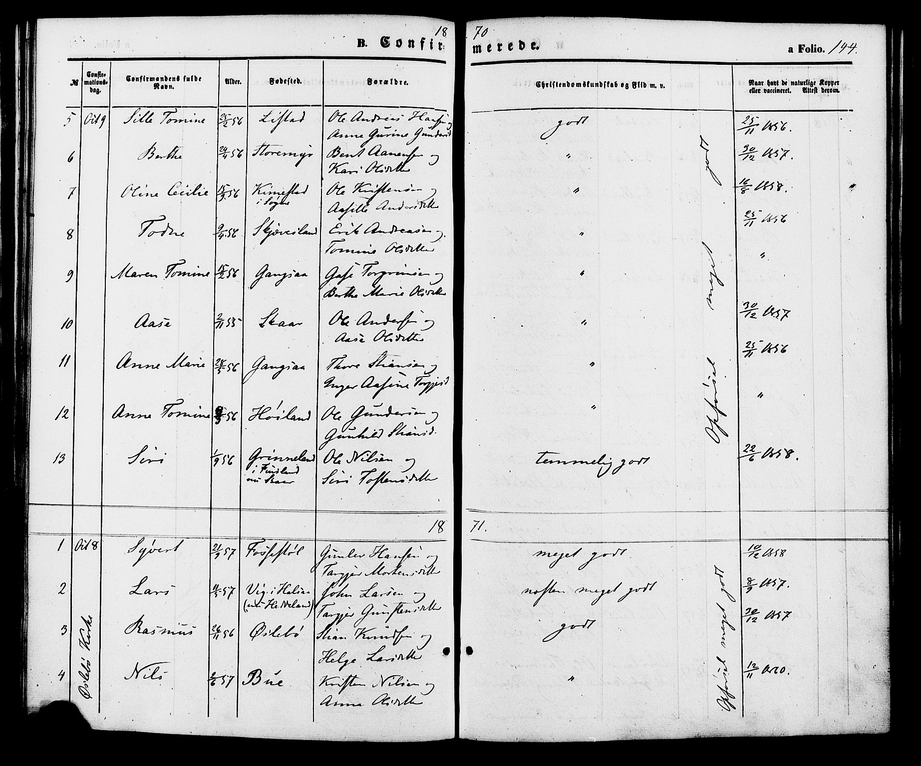 Holum sokneprestkontor, SAK/1111-0022/F/Fa/Fac/L0003: Parish register (official) no. A 3, 1860-1883, p. 144