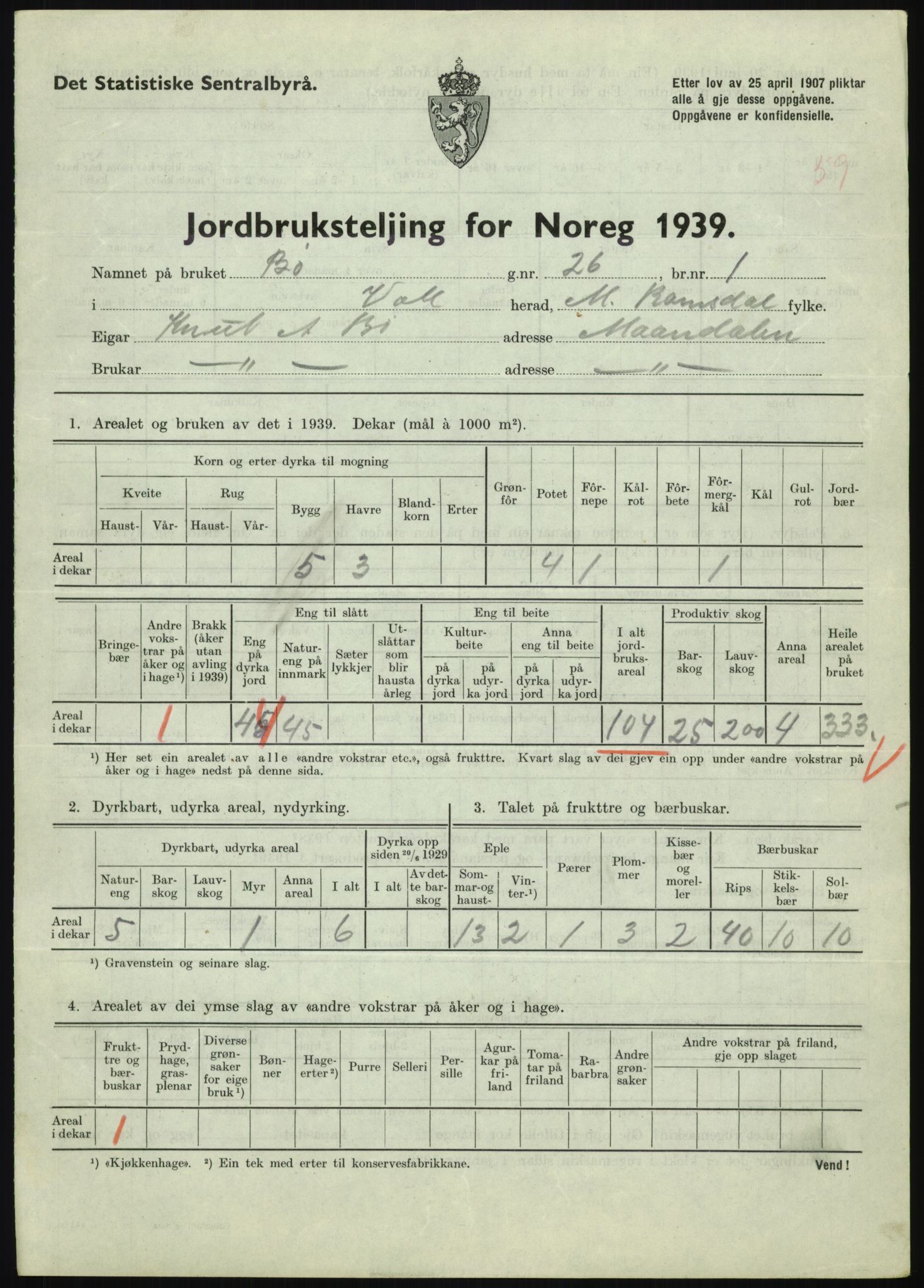 Statistisk sentralbyrå, Næringsøkonomiske emner, Jordbruk, skogbruk, jakt, fiske og fangst, AV/RA-S-2234/G/Gb/L0251: Møre og Romsdal: Voll, Eid, Grytten og Hen, 1939, p. 317