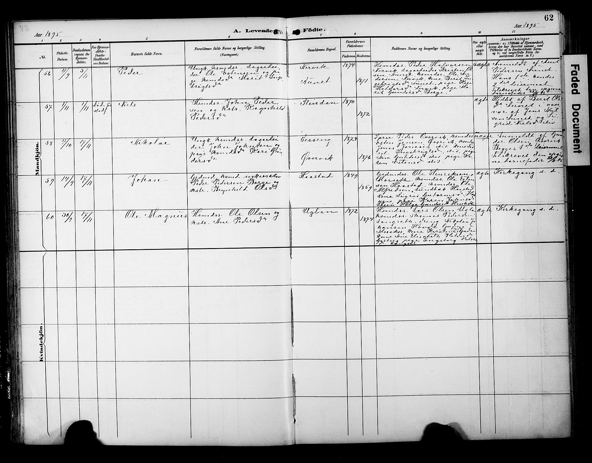 Ministerialprotokoller, klokkerbøker og fødselsregistre - Sør-Trøndelag, AV/SAT-A-1456/695/L1149: Parish register (official) no. 695A09, 1891-1902, p. 62