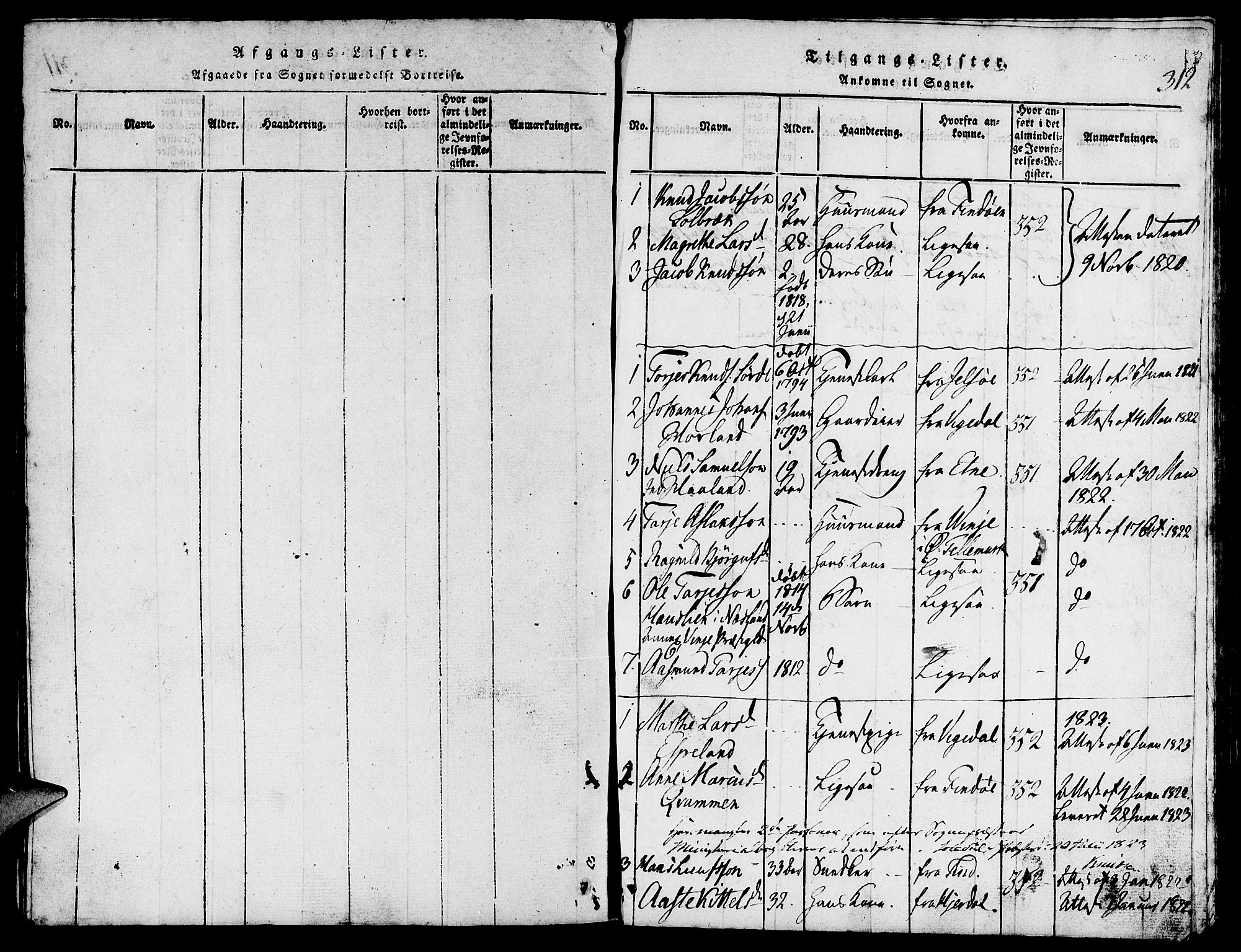 Suldal sokneprestkontor, SAST/A-101845/01/V/L0002: Parish register (copy) no. B 2, 1816-1845, p. 312