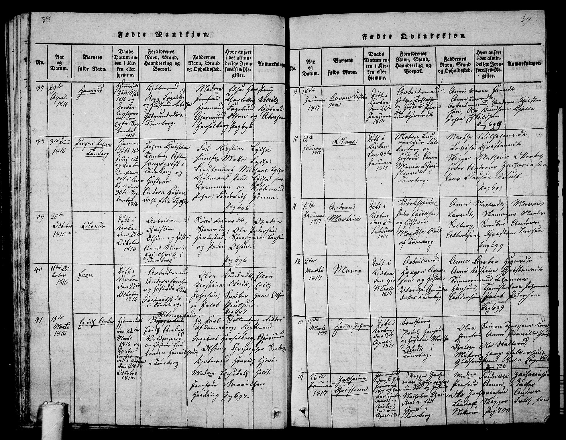 Tønsberg kirkebøker, SAKO/A-330/G/Ga/L0001: Parish register (copy) no. 1, 1813-1826, p. 38-39