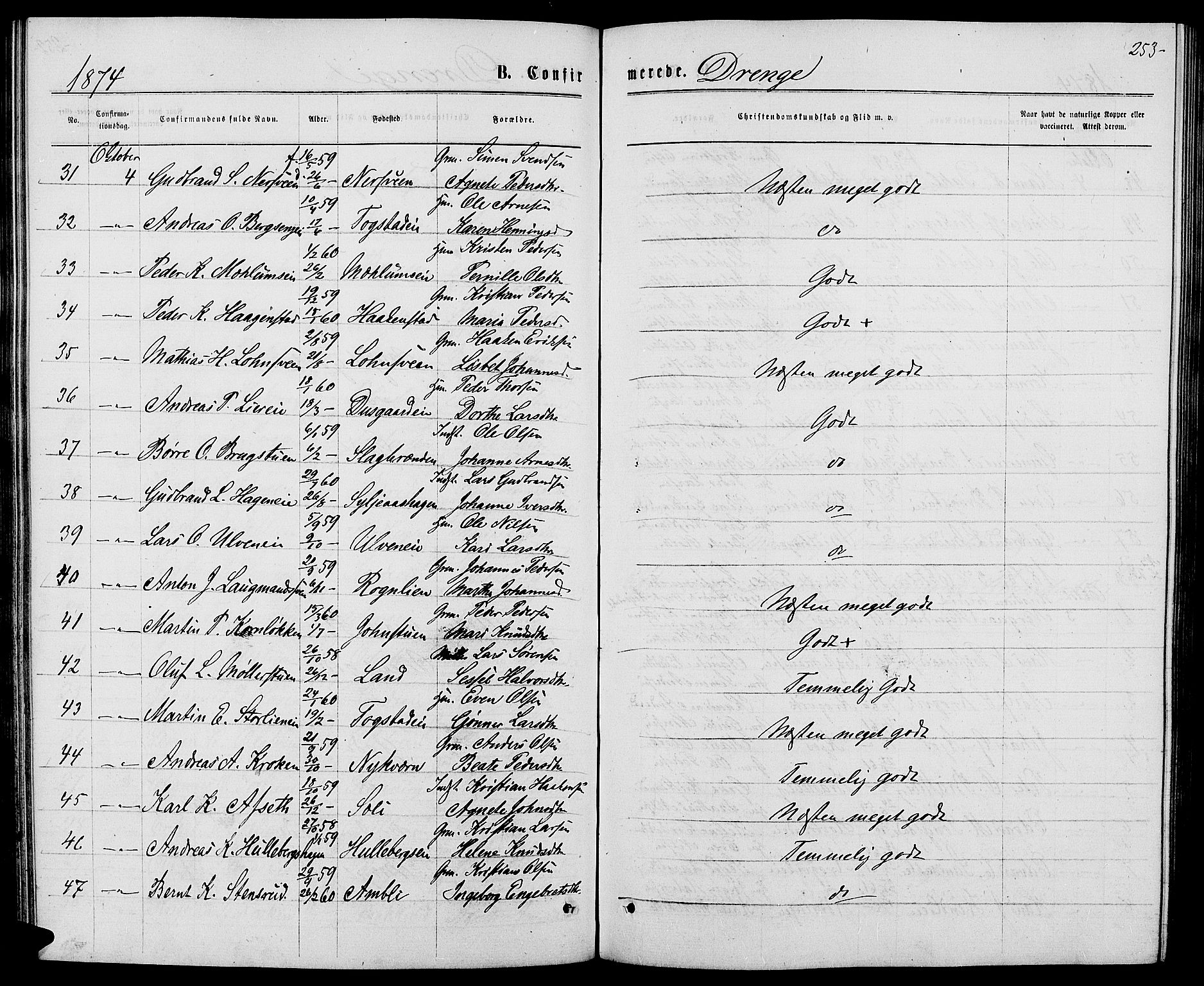 Ringsaker prestekontor, AV/SAH-PREST-014/L/La/L0008: Parish register (copy) no. 8, 1870-1878, p. 253