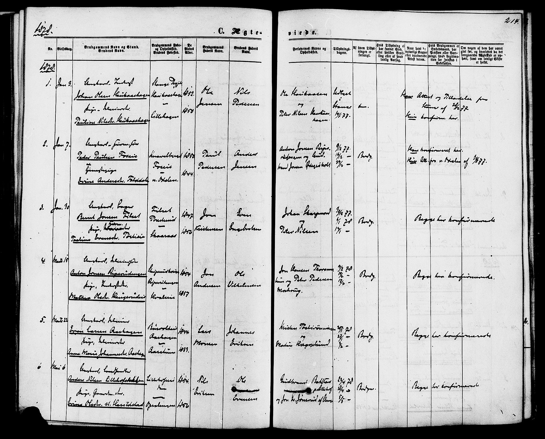 Romedal prestekontor, SAH/PREST-004/K/L0006: Parish register (official) no. 6, 1866-1886, p. 214