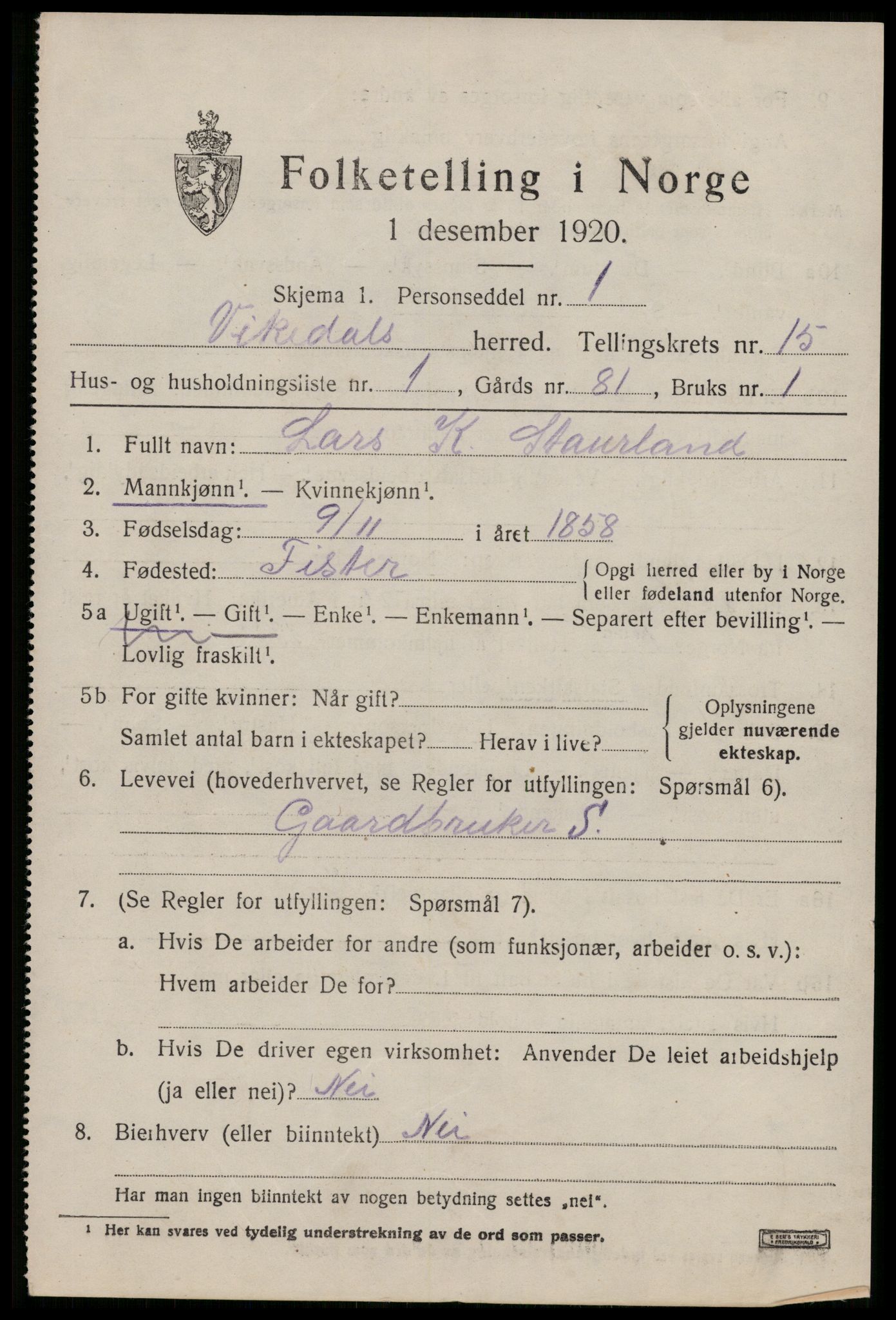 SAST, 1920 census for Vikedal, 1920, p. 4549