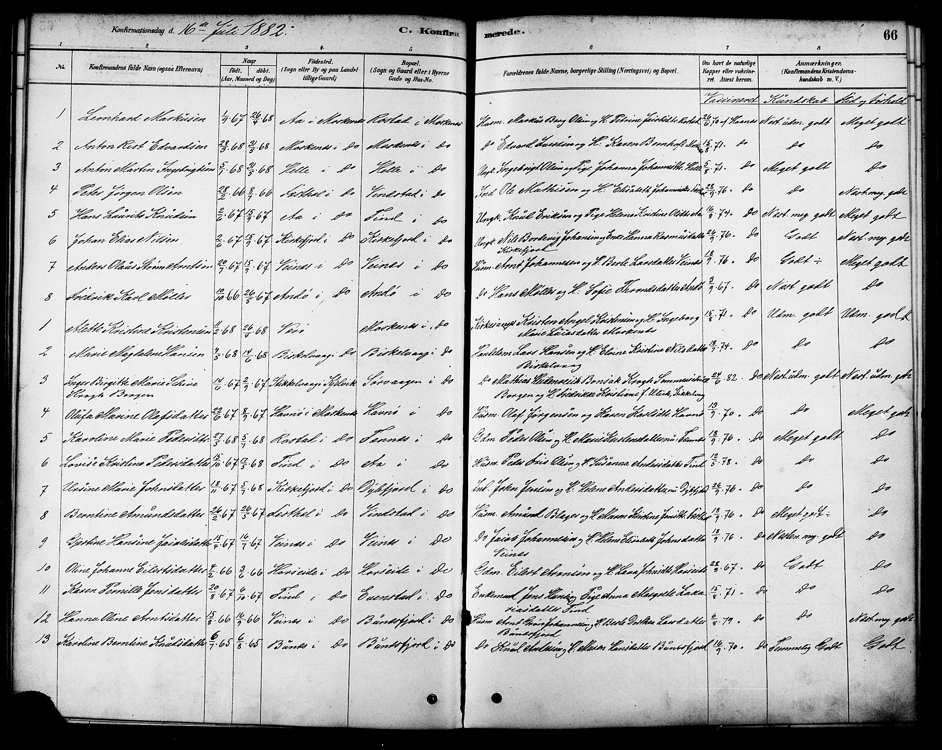 Ministerialprotokoller, klokkerbøker og fødselsregistre - Nordland, SAT/A-1459/886/L1219: Parish register (official) no. 886A01, 1878-1892, p. 66