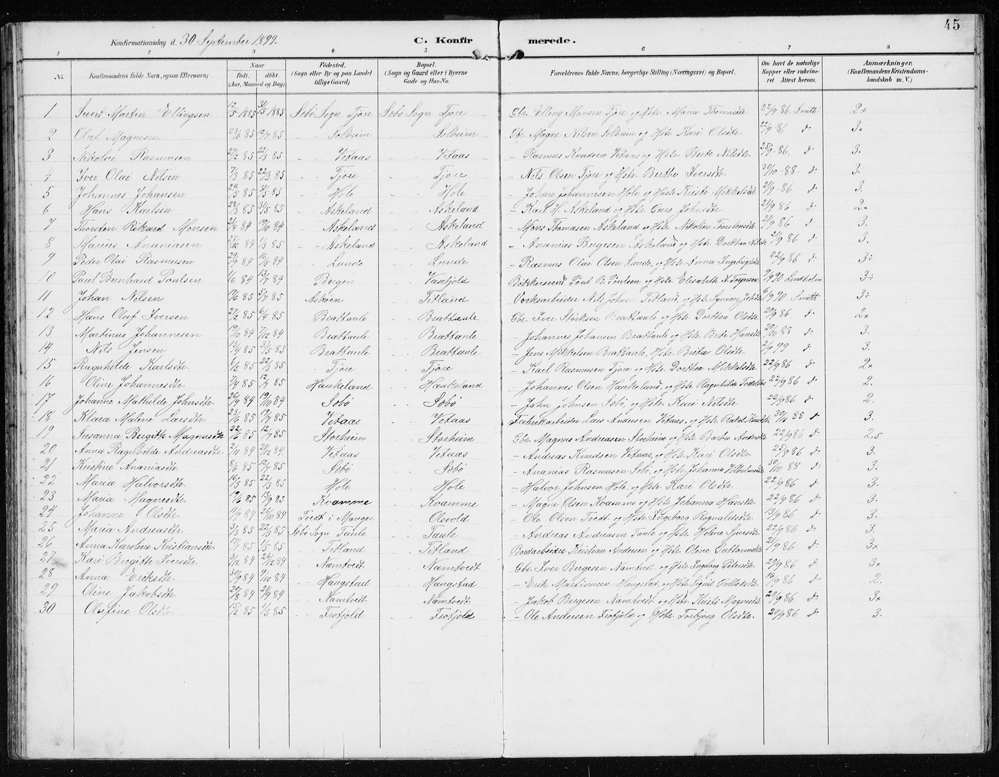 Manger sokneprestembete, AV/SAB-A-76801/H/Hab: Parish register (copy) no. D 3, 1895-1910, p. 45