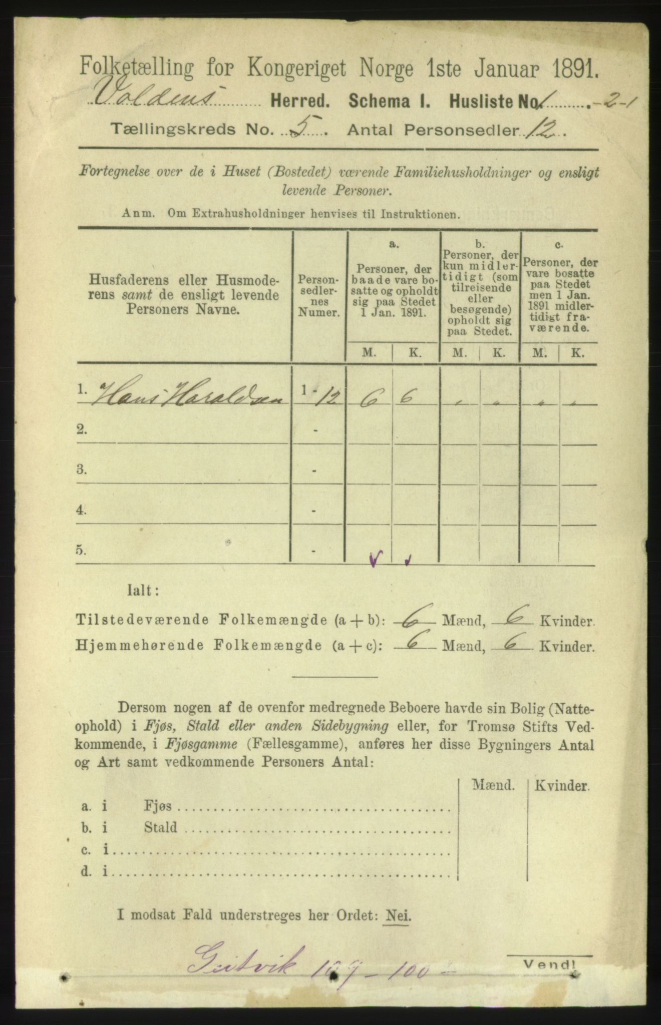 RA, 1891 census for 1519 Volda, 1891, p. 2213