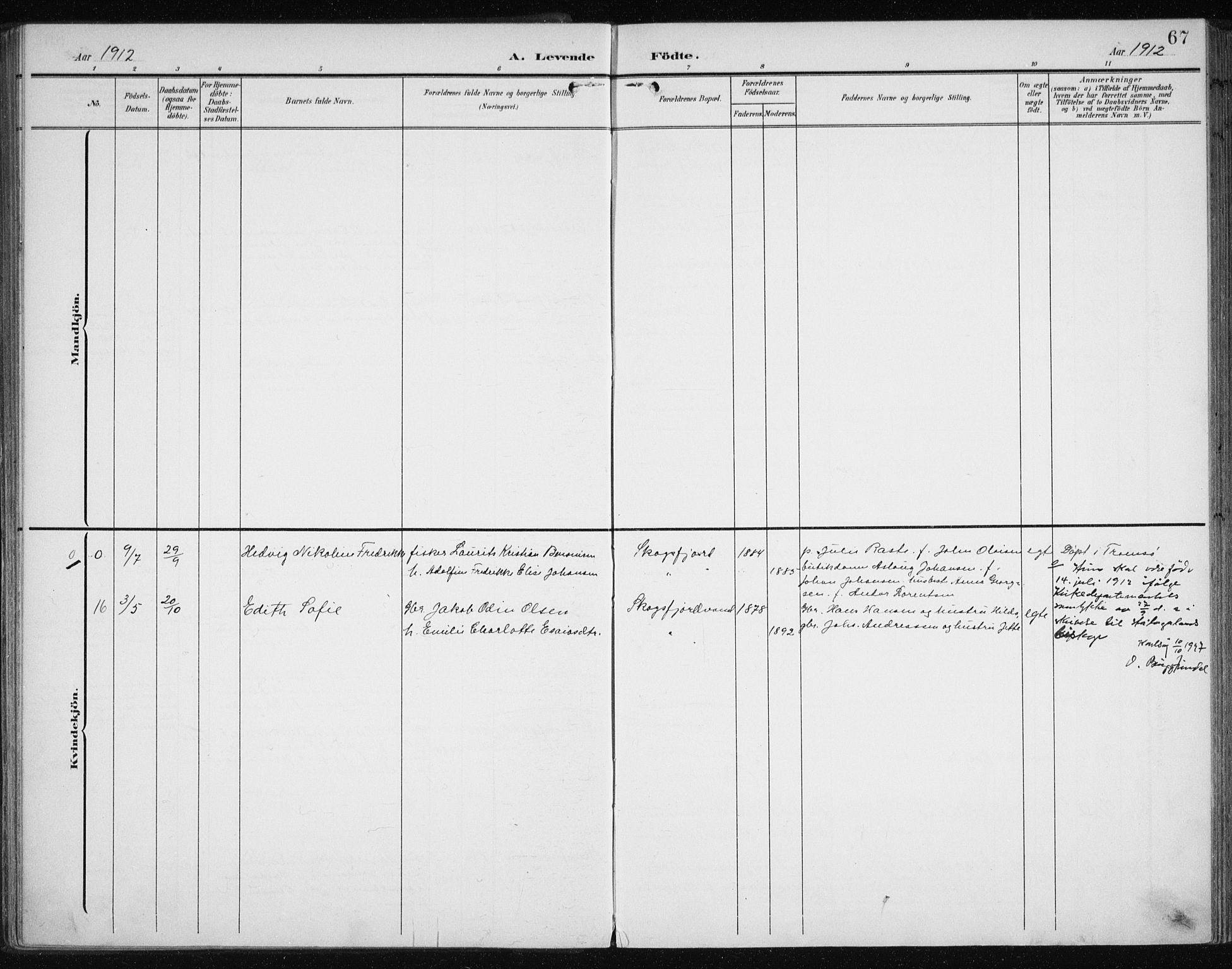 Karlsøy sokneprestembete, AV/SATØ-S-1299/H/Ha/Haa/L0013kirke: Parish register (official) no. 13, 1902-1916, p. 67