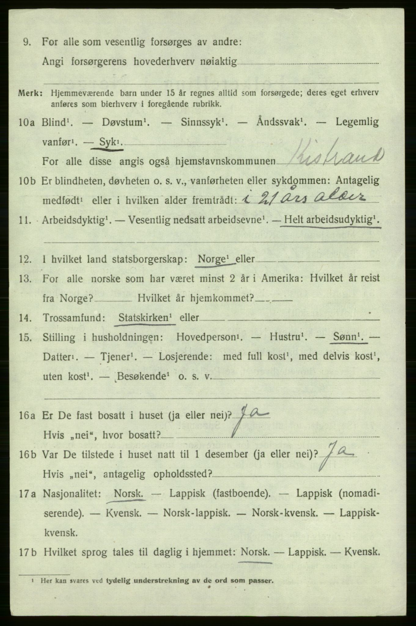 SATØ, 1920 census for Kistrand, 1920, p. 1509