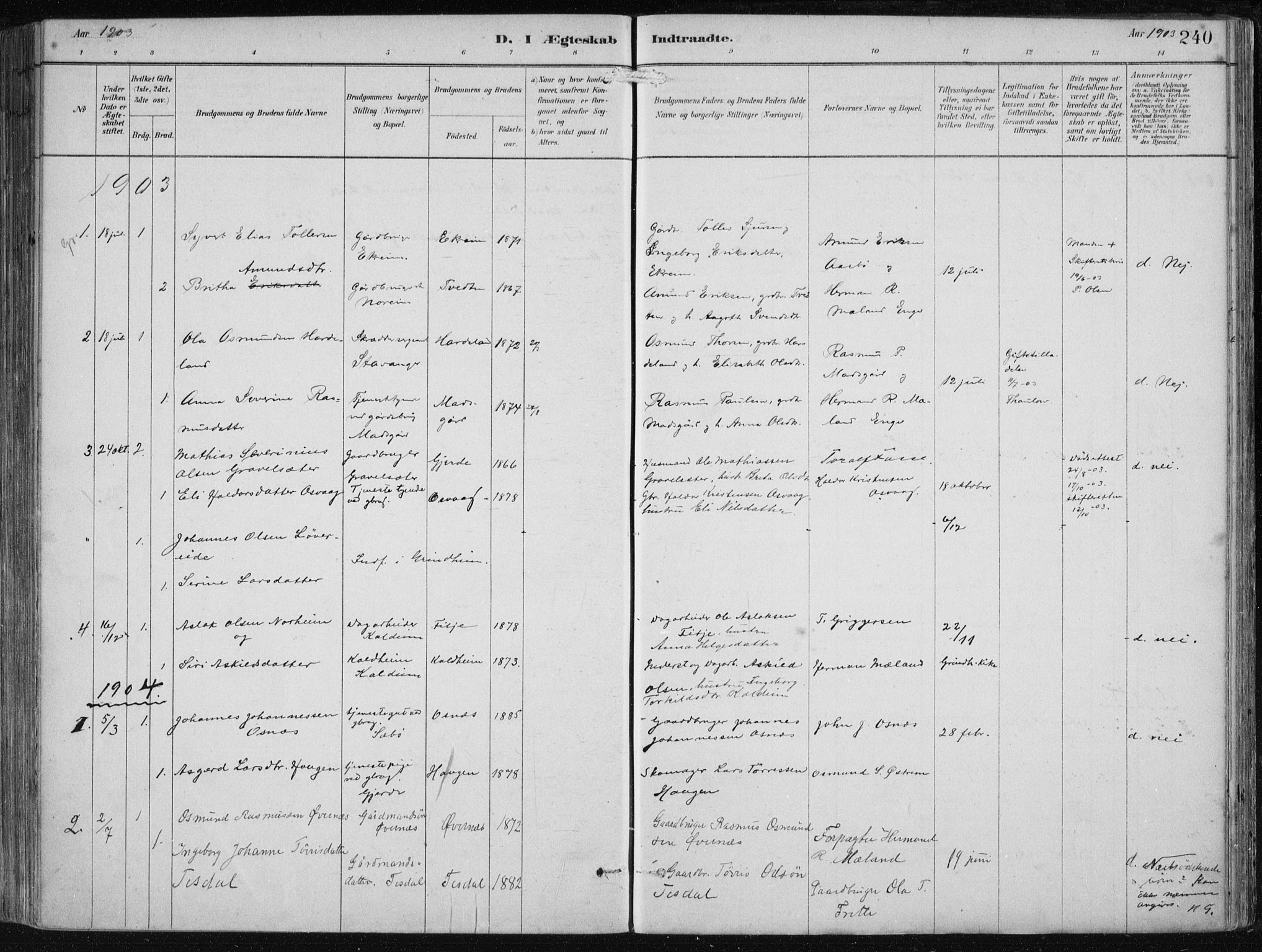 Etne sokneprestembete, SAB/A-75001/H/Haa: Parish register (official) no. B  1, 1879-1919, p. 240