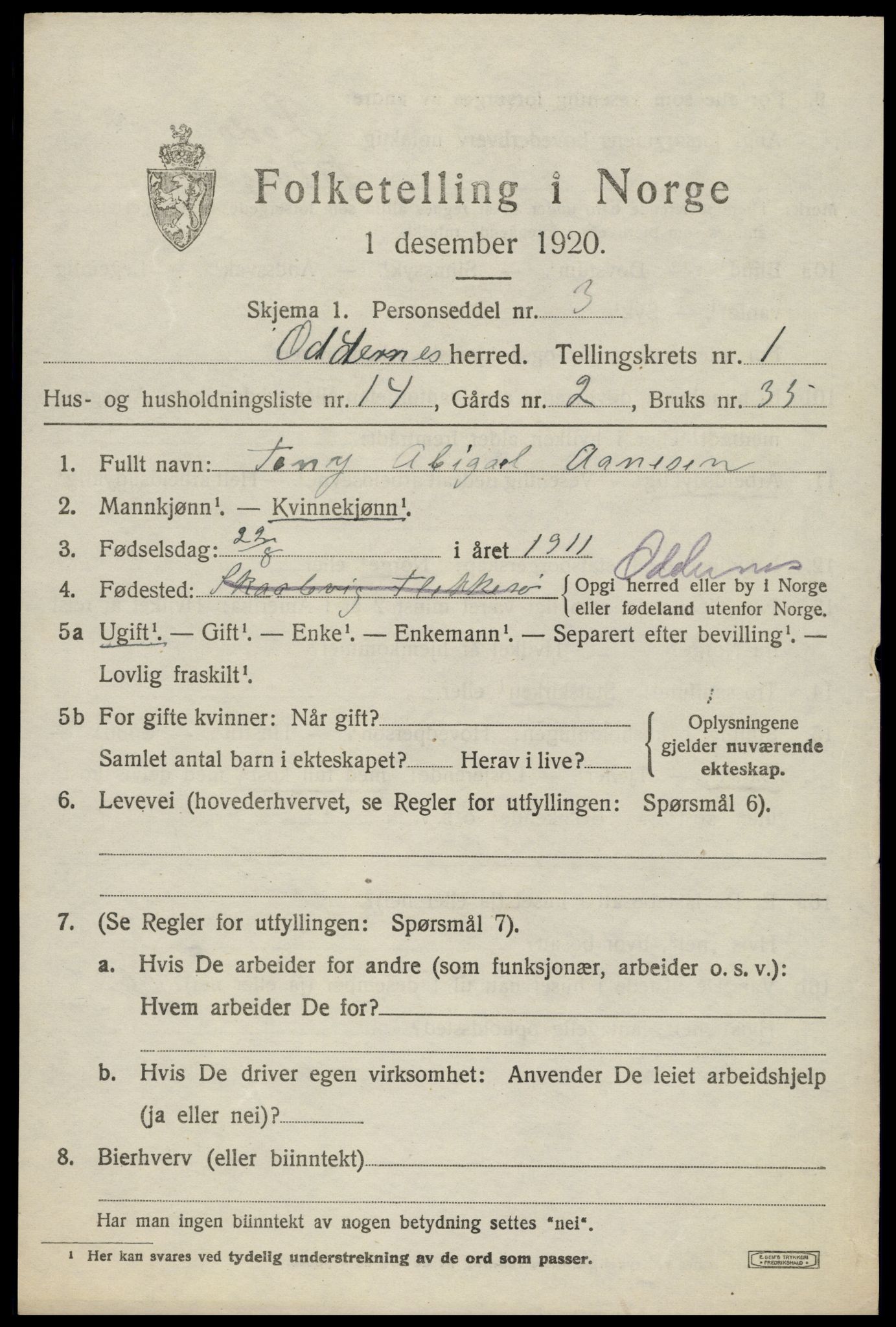 SAK, 1920 census for Oddernes, 1920, p. 2181