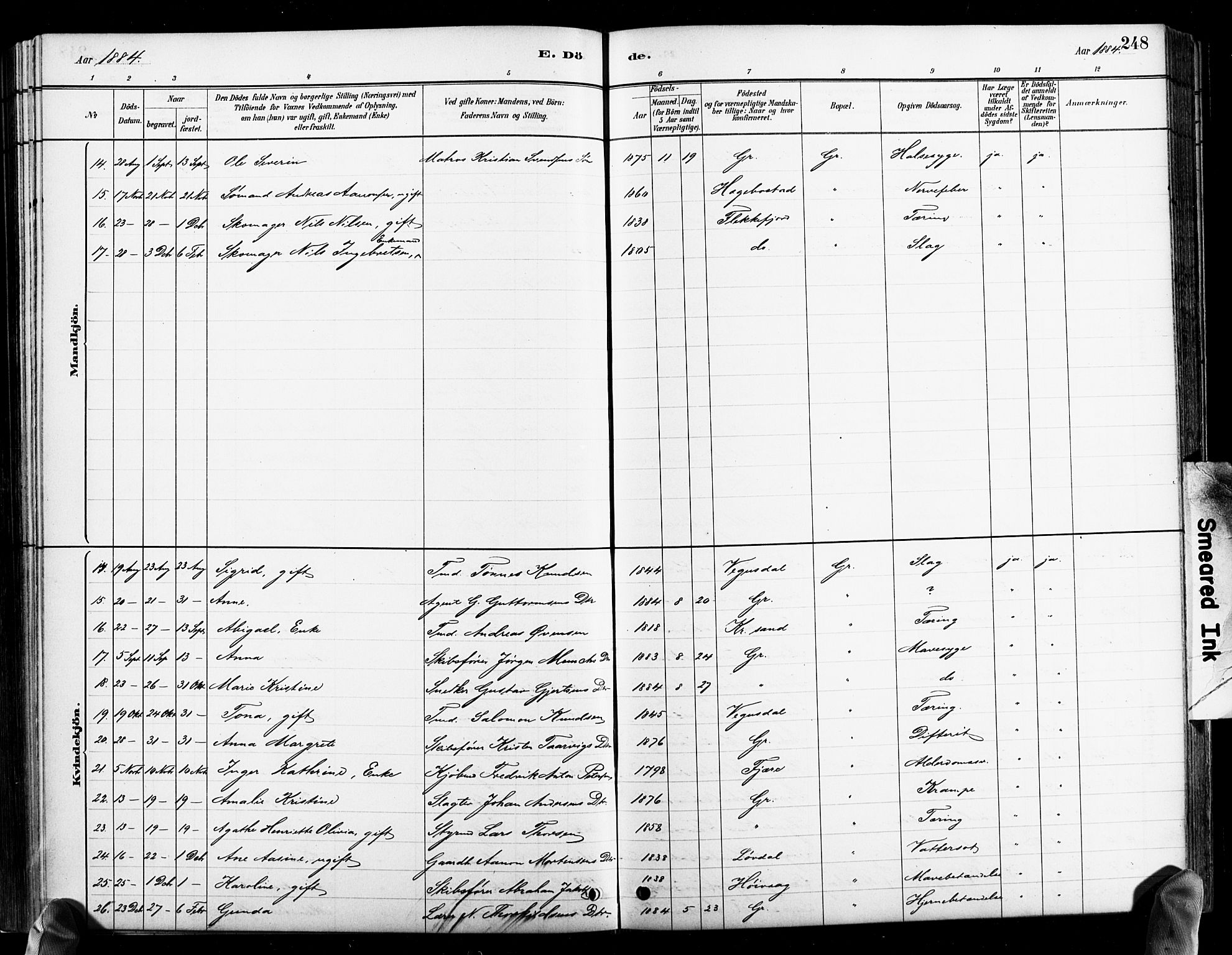 Grimstad sokneprestkontor, AV/SAK-1111-0017/F/Fb/L0001: Parish register (copy) no. B 1, 1881-1922, p. 248