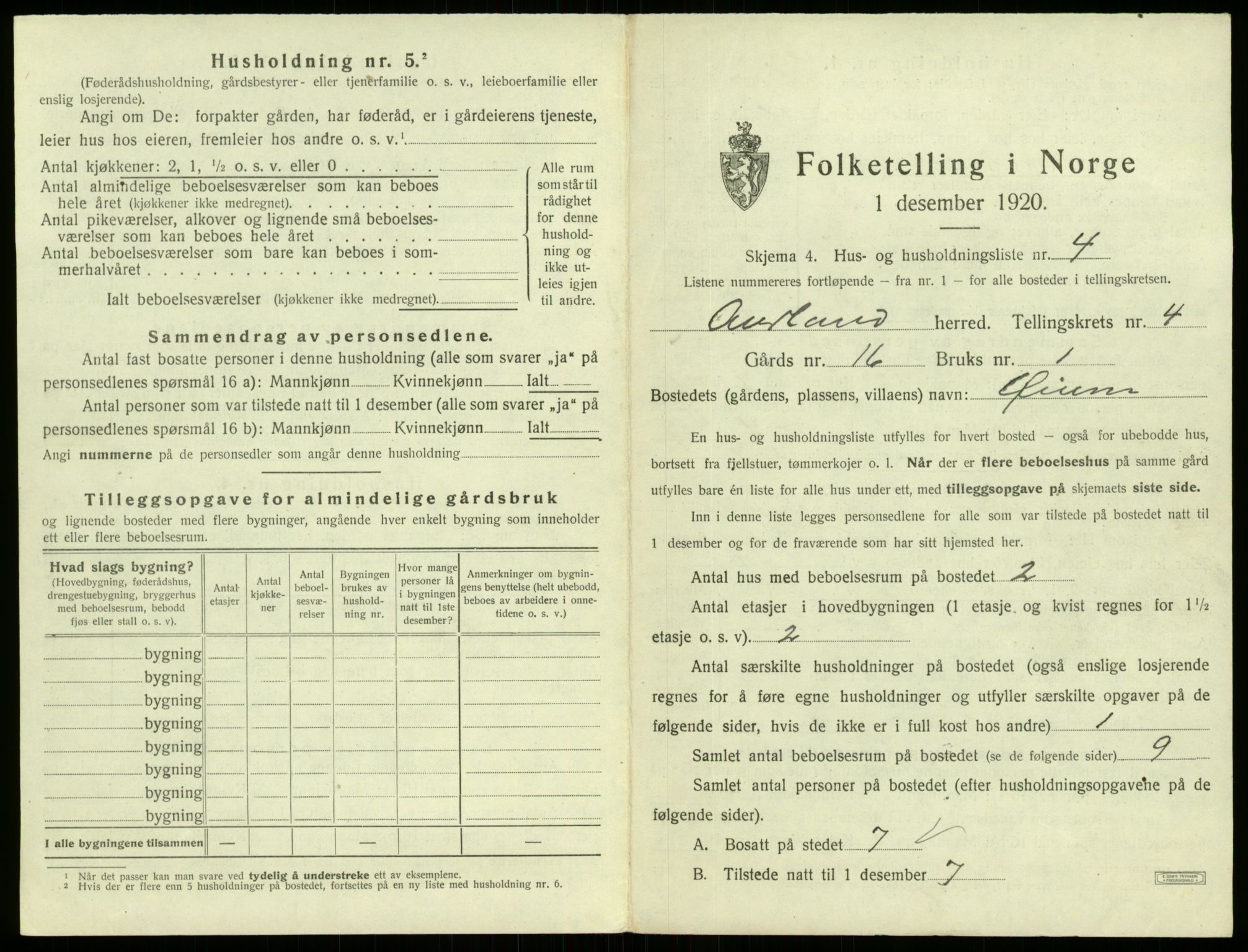 SAB, 1920 census for Aurland, 1920, p. 332