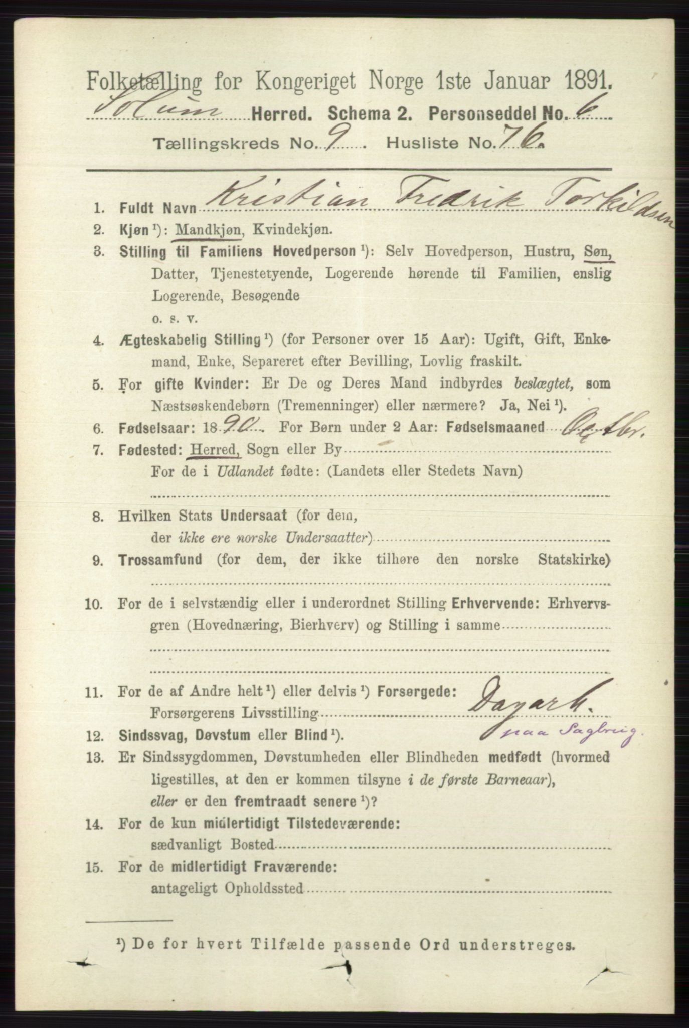 RA, 1891 census for 0818 Solum, 1891, p. 2482