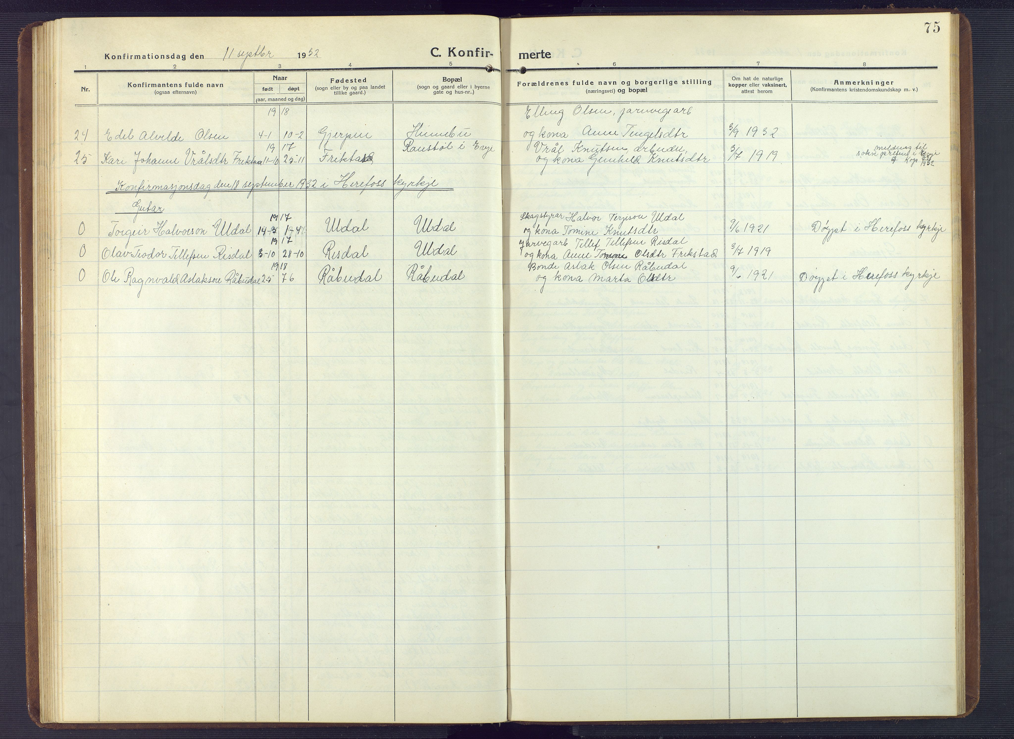 Herefoss sokneprestkontor, AV/SAK-1111-0019/F/Fb/Fbc/L0004: Parish register (copy) no. B 4, 1914-1946, p. 75