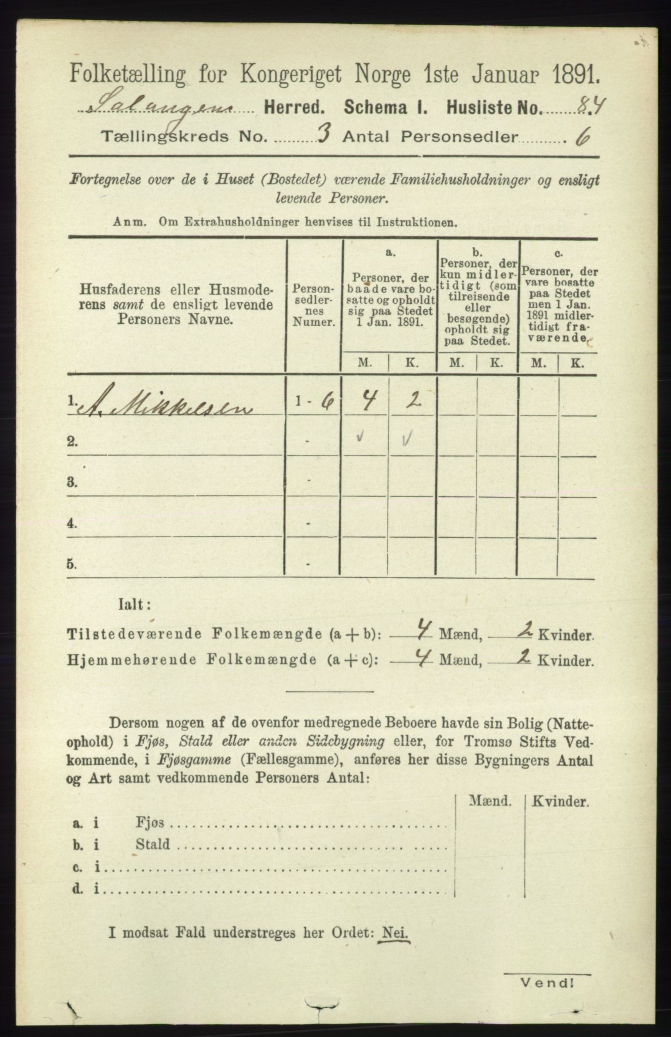 RA, 1891 census for 1921 Salangen, 1891, p. 1222