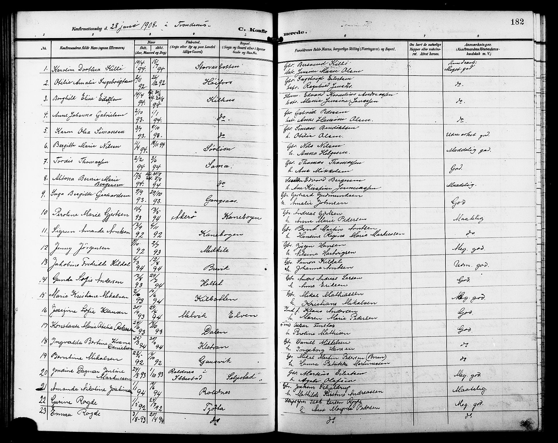 Trondenes sokneprestkontor, AV/SATØ-S-1319/H/Hb/L0012klokker: Parish register (copy) no. 12, 1907-1916, p. 182