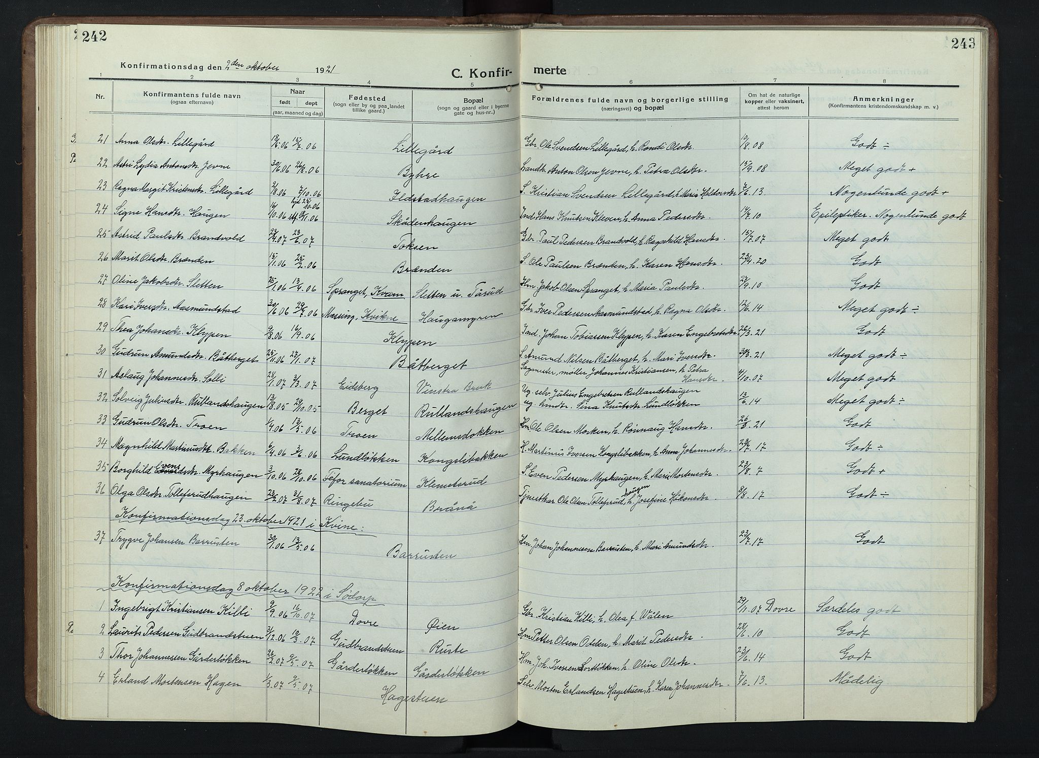 Nord-Fron prestekontor, SAH/PREST-080/H/Ha/Hab/L0007: Parish register (copy) no. 7, 1915-1946, p. 242-243