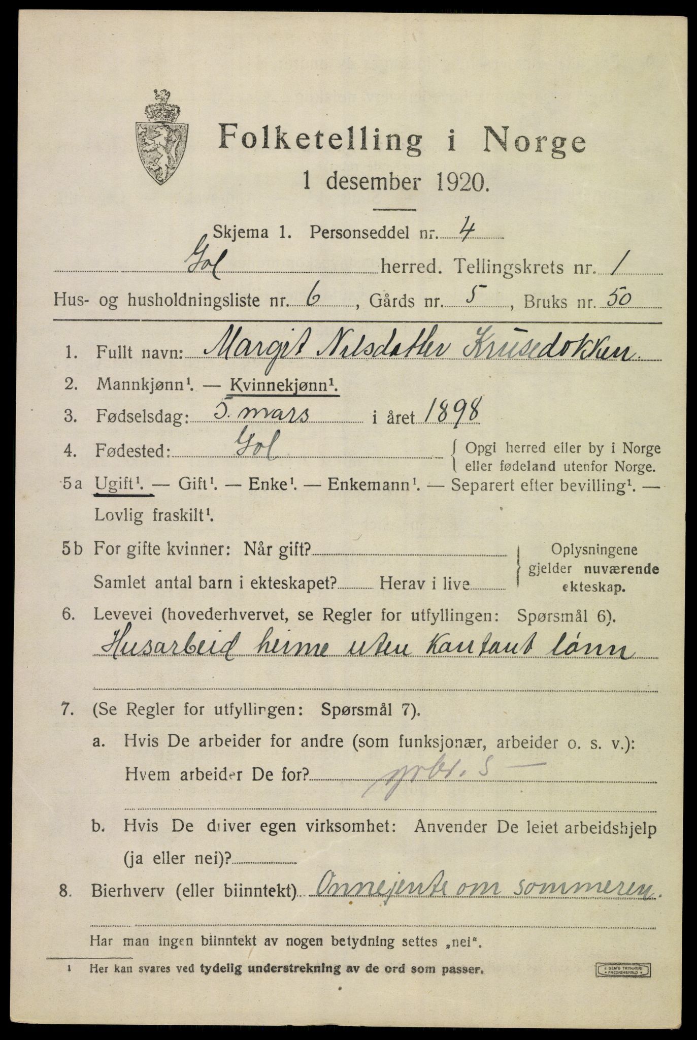 SAKO, 1920 census for Gol, 1920, p. 978