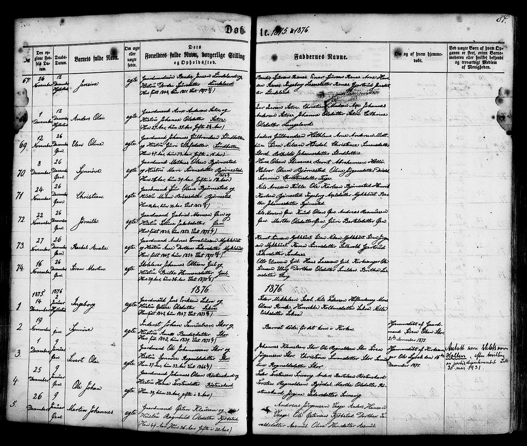 Hyllestad sokneprestembete, SAB/A-80401: Parish register (official) no. A 1, 1861-1886, p. 84