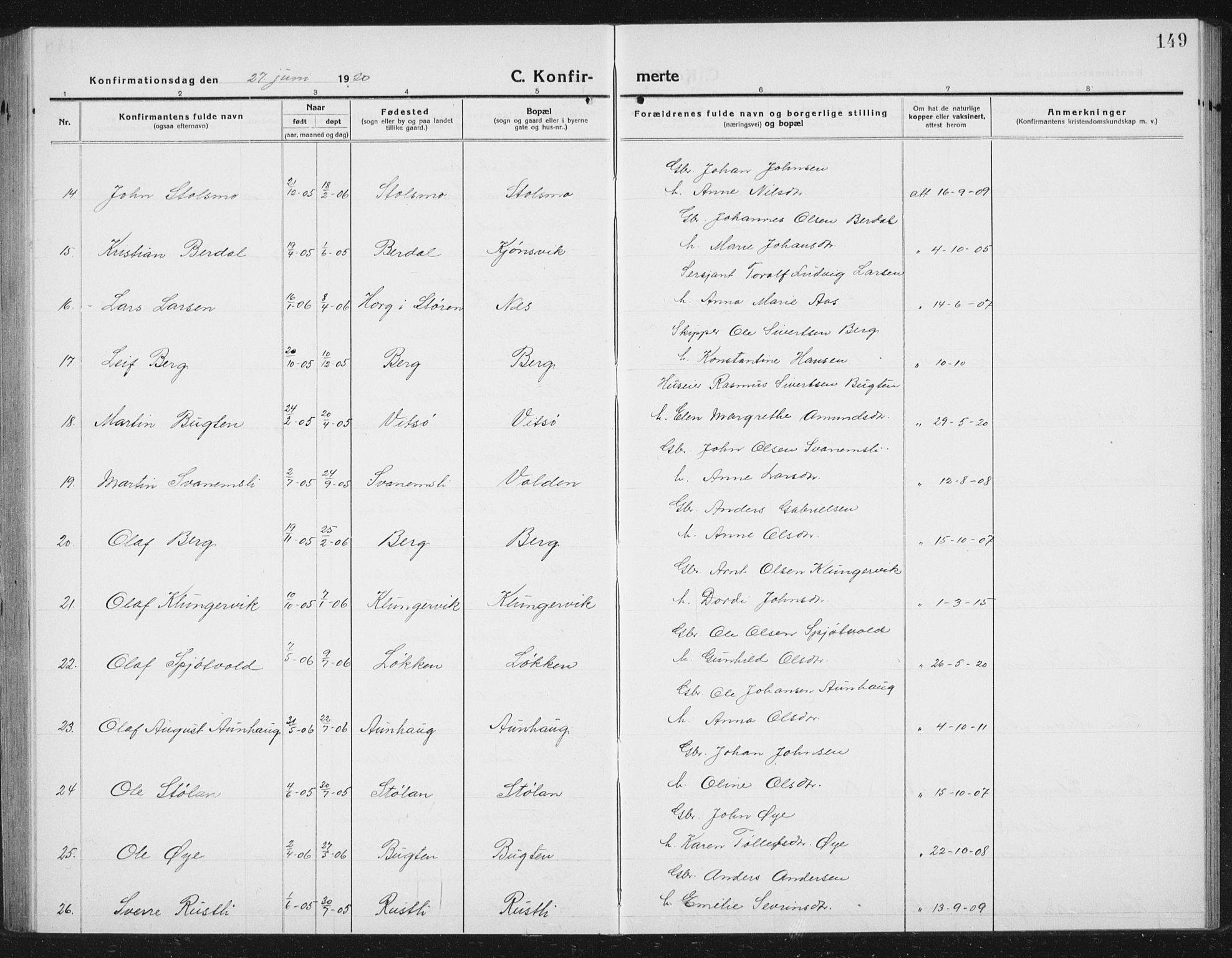 Ministerialprotokoller, klokkerbøker og fødselsregistre - Sør-Trøndelag, SAT/A-1456/630/L0506: Parish register (copy) no. 630C04, 1914-1933, p. 149
