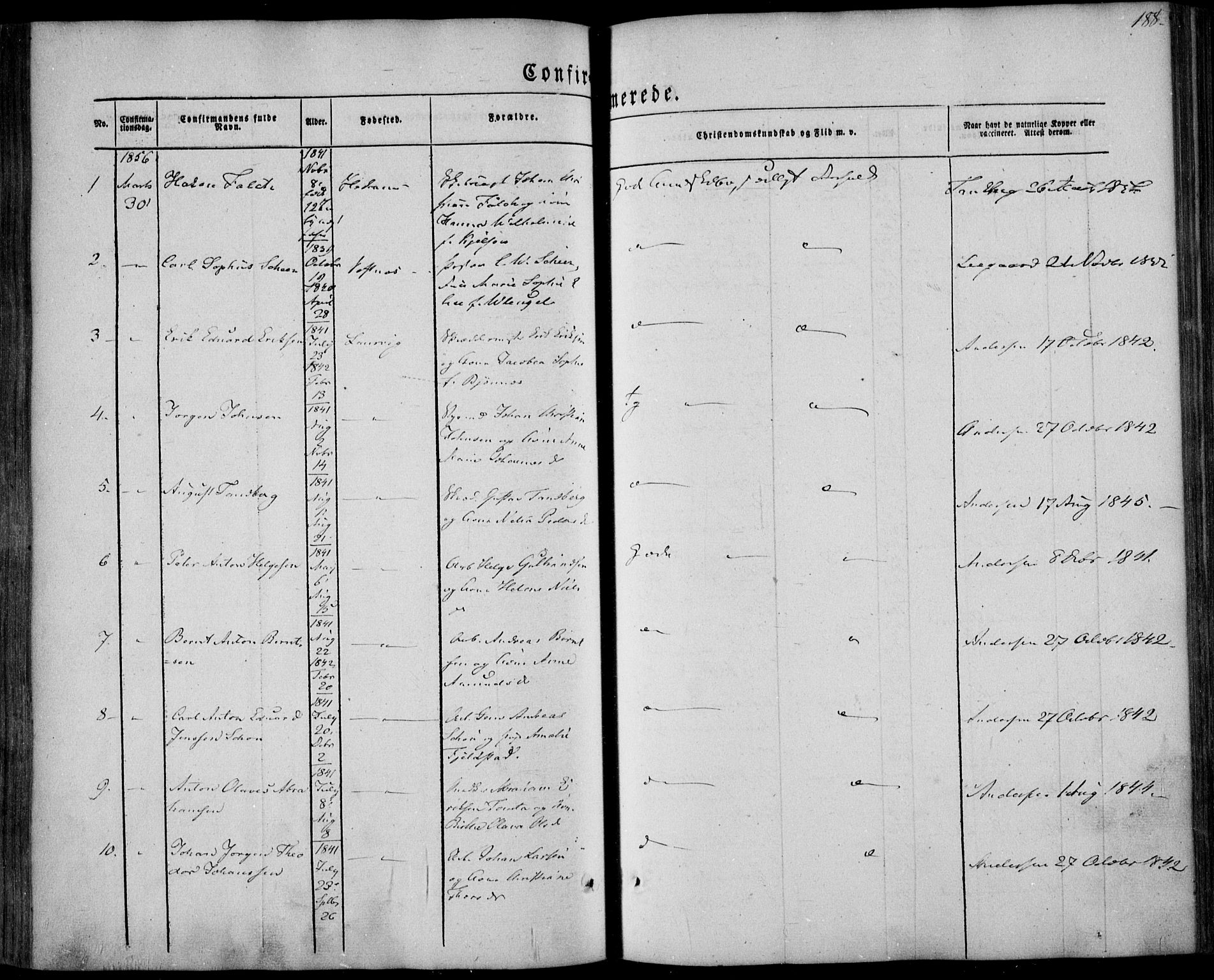 Larvik kirkebøker, AV/SAKO-A-352/F/Fa/L0003: Parish register (official) no. I 3, 1848-1856, p. 188