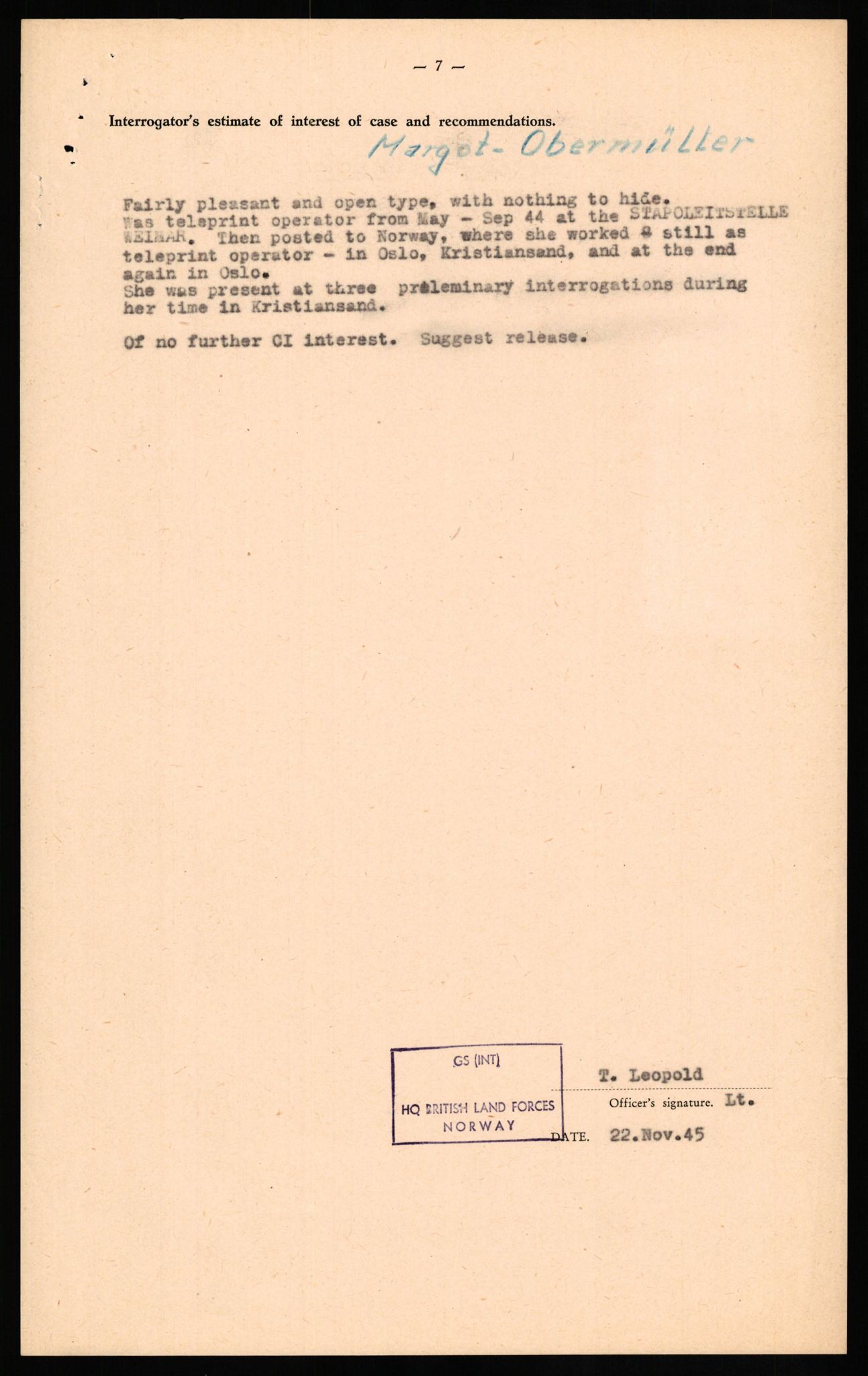 Forsvaret, Forsvarets overkommando II, RA/RAFA-3915/D/Db/L0024: CI Questionaires. Tyske okkupasjonsstyrker i Norge. Tyskere., 1945-1946, p. 405