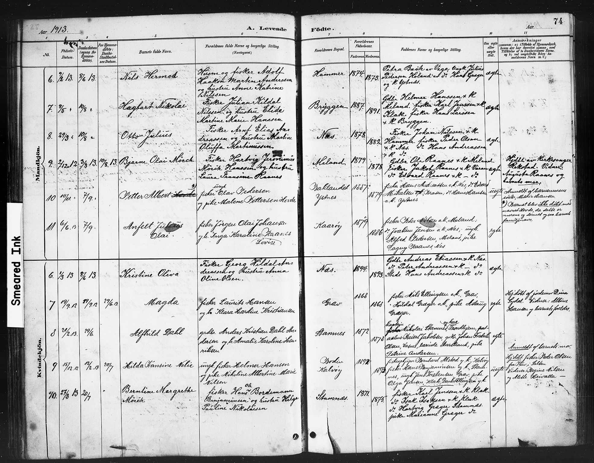 Ministerialprotokoller, klokkerbøker og fødselsregistre - Nordland, AV/SAT-A-1459/808/L0131: Parish register (copy) no. 808C02, 1879-1919, p. 74