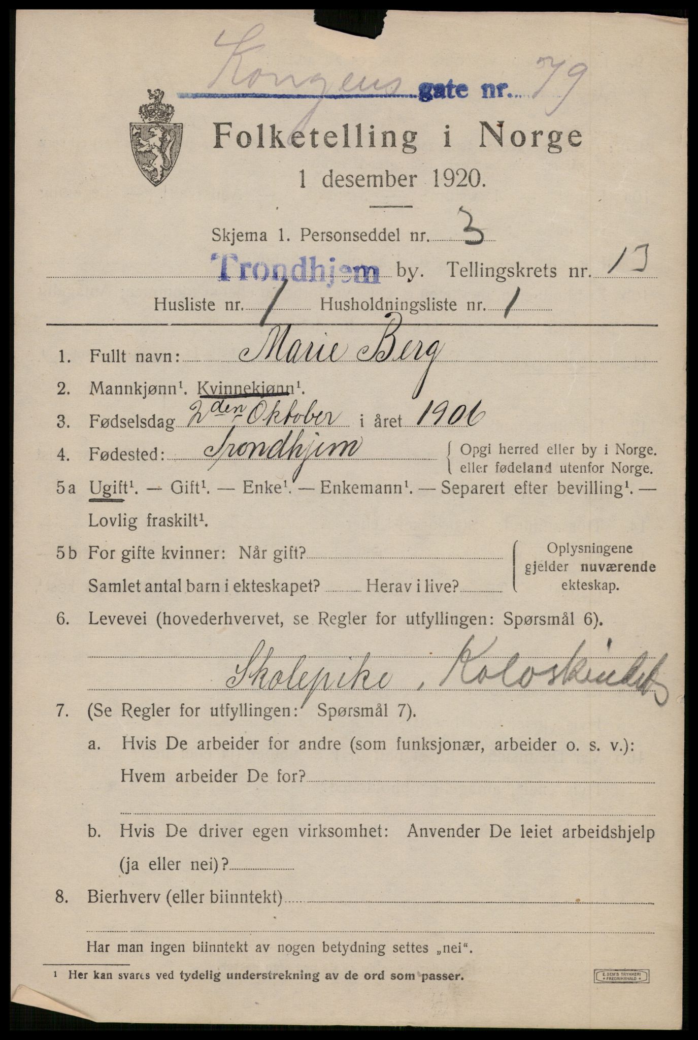 SAT, 1920 census for Trondheim, 1920, p. 49428