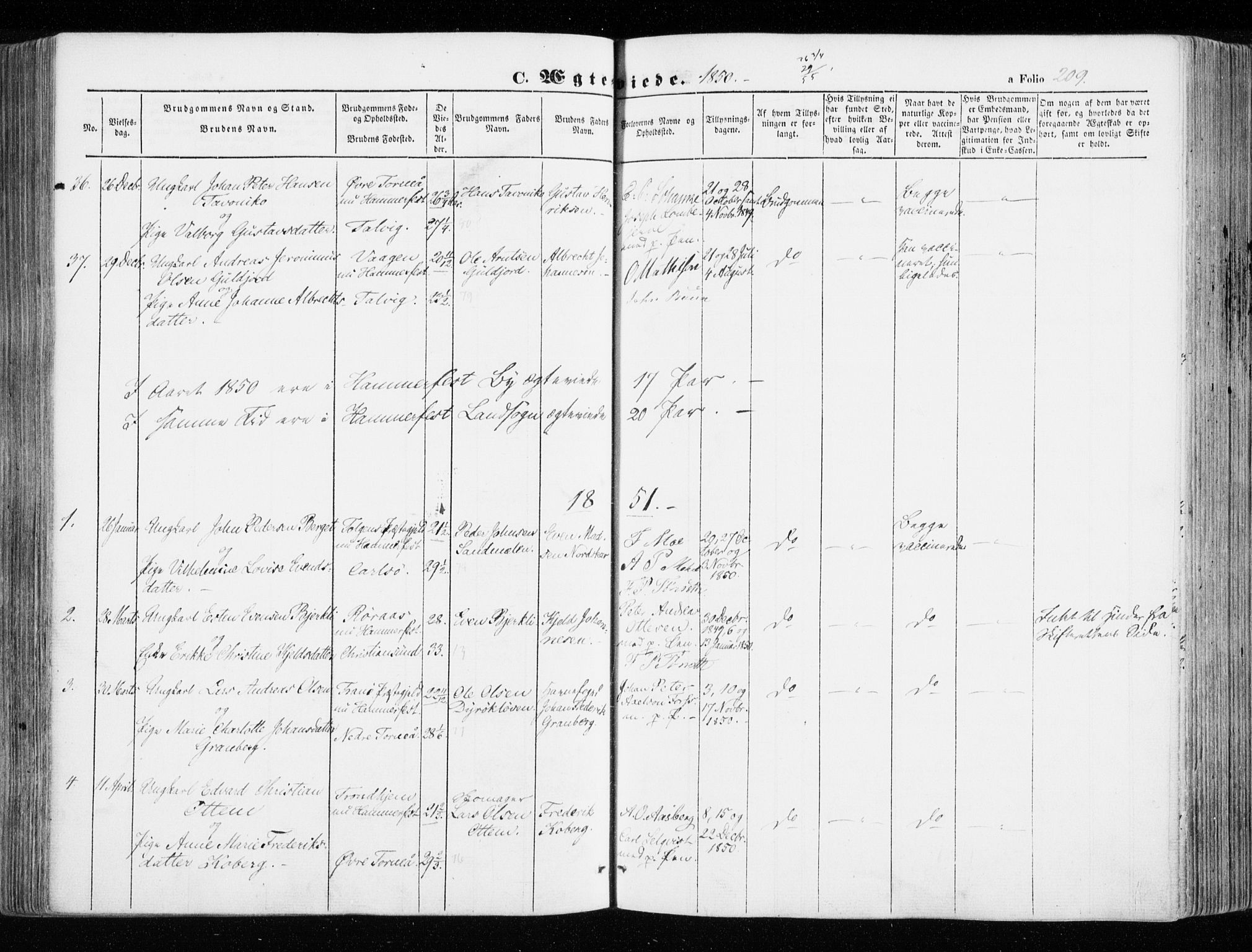 Hammerfest sokneprestkontor, SATØ/S-1347/H/Ha/L0004.kirke: Parish register (official) no. 4, 1843-1856, p. 209