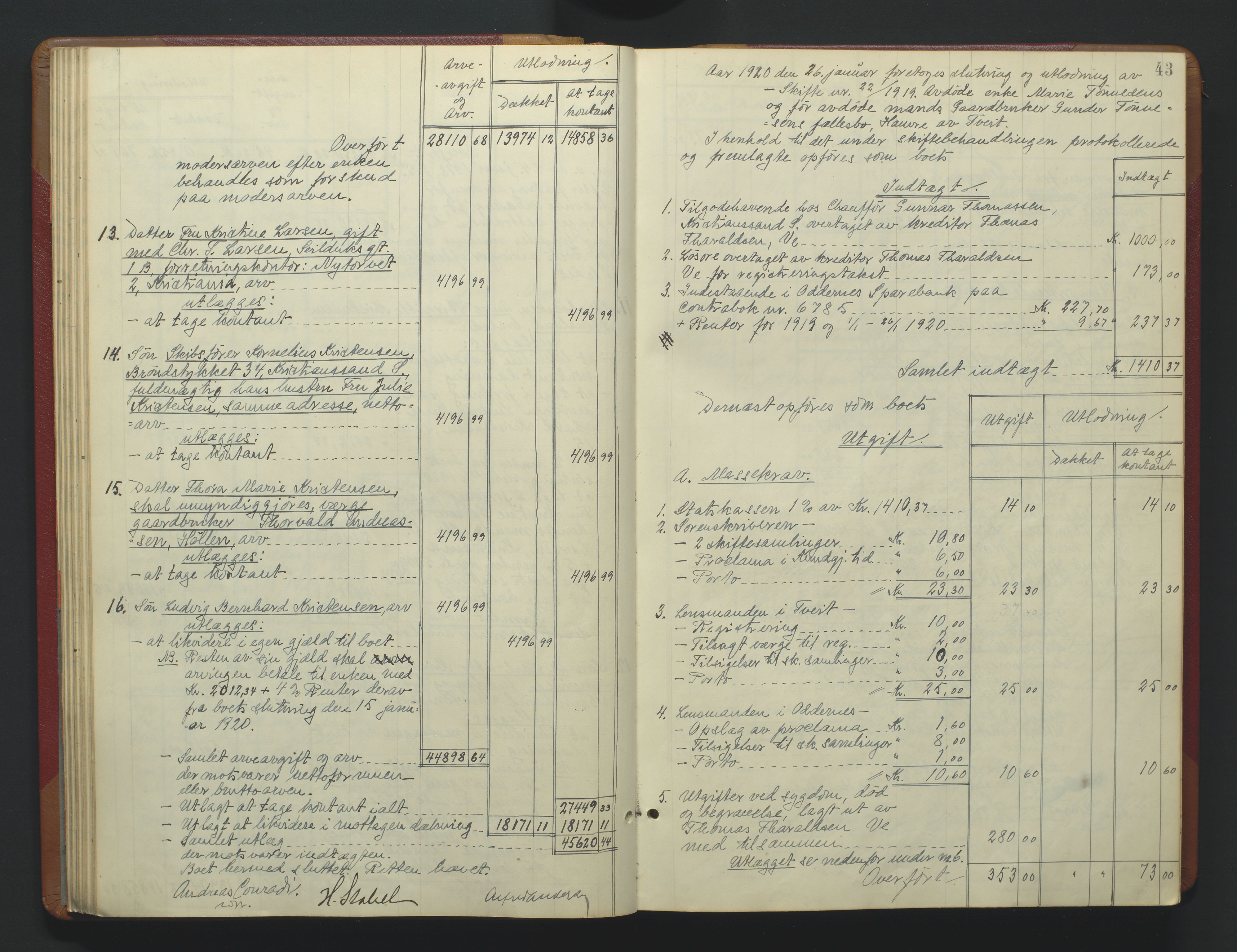 Torridal sorenskriveri, AV/SAK-1221-0012/H/Hc/L0037: Skifteutlodningsprotokoll med navneregister nr. 6, 1918-1927, p. 43