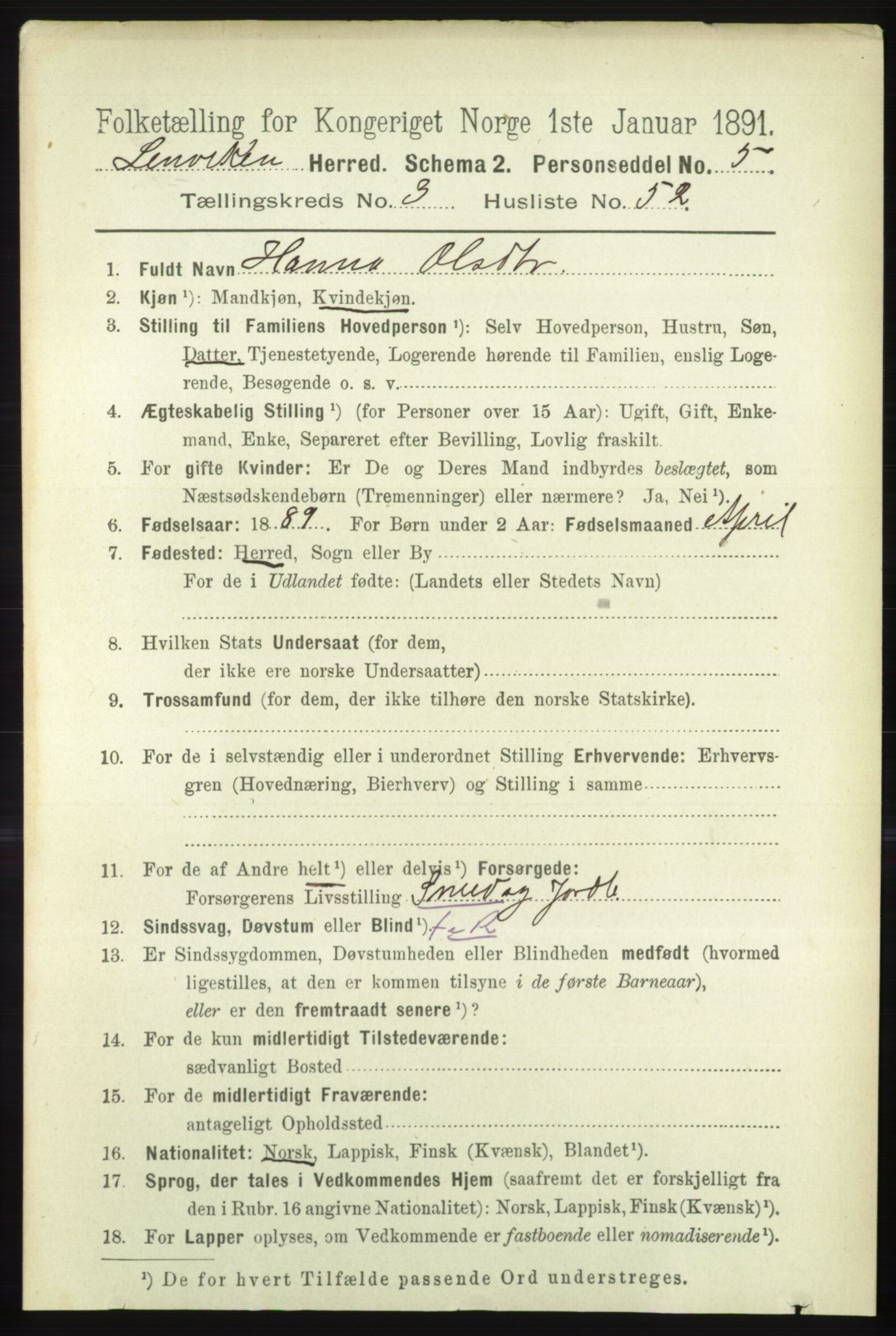 RA, 1891 census for 1931 Lenvik, 1891, p. 1709