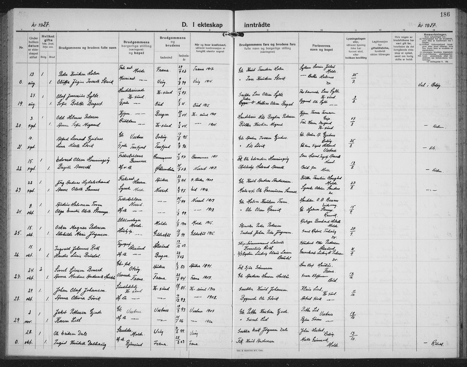 Ministerialprotokoller, klokkerbøker og fødselsregistre - Møre og Romsdal, AV/SAT-A-1454/558/L0704: Parish register (copy) no. 558C05, 1921-1942, p. 186