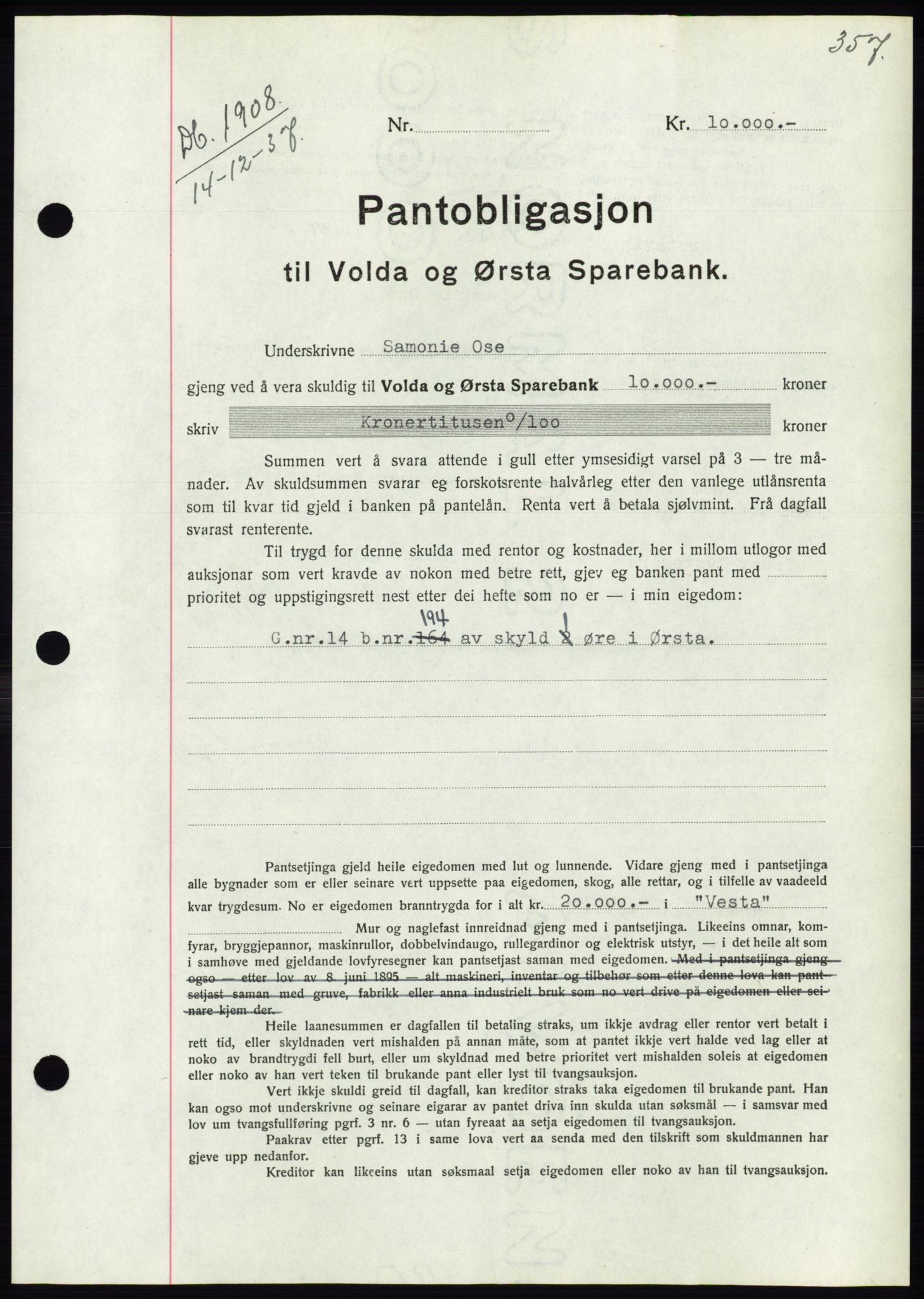 Søre Sunnmøre sorenskriveri, AV/SAT-A-4122/1/2/2C/L0064: Mortgage book no. 58, 1937-1938, Diary no: : 1908/1937