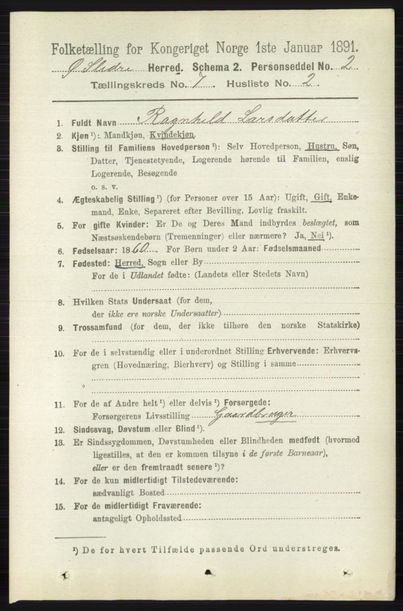 RA, 1891 census for 0544 Øystre Slidre, 1891, p. 2177