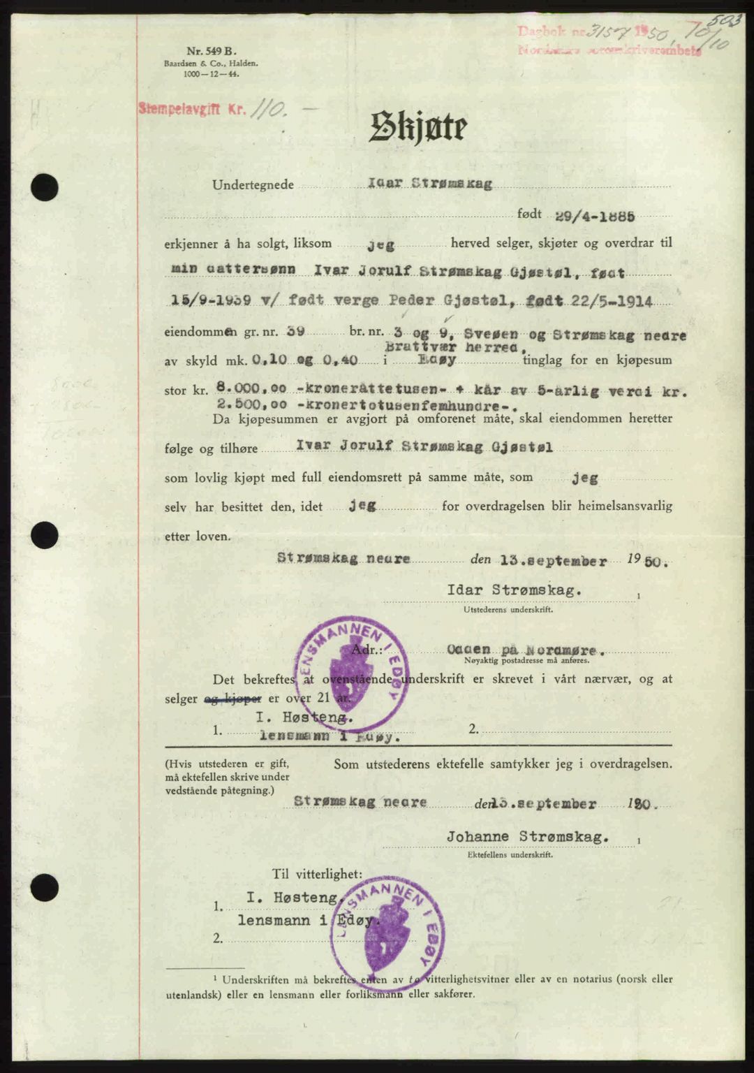 Nordmøre sorenskriveri, AV/SAT-A-4132/1/2/2Ca: Mortgage book no. A116, 1950-1950, Diary no: : 3157/1950