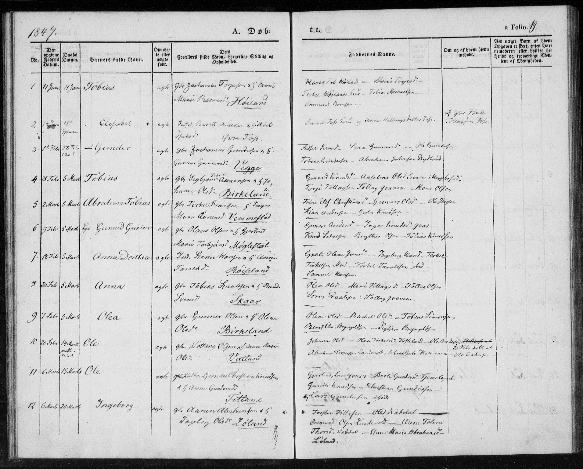 Lyngdal sokneprestkontor, AV/SAK-1111-0029/F/Fa/Fab/L0001: Parish register (official) no. A 1, 1838-1860, p. 19