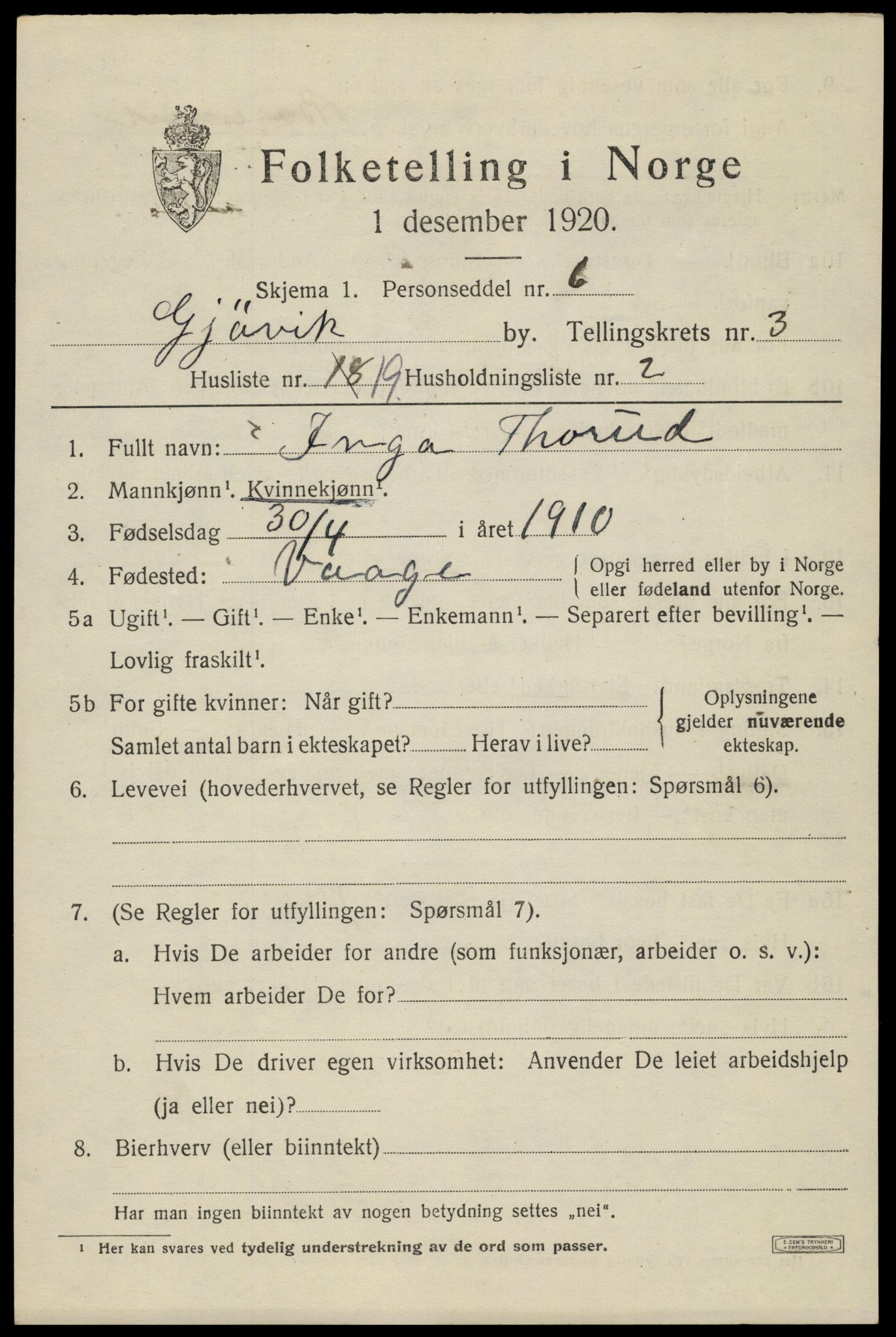 SAH, 1920 census for Gjøvik, 1920, p. 6568