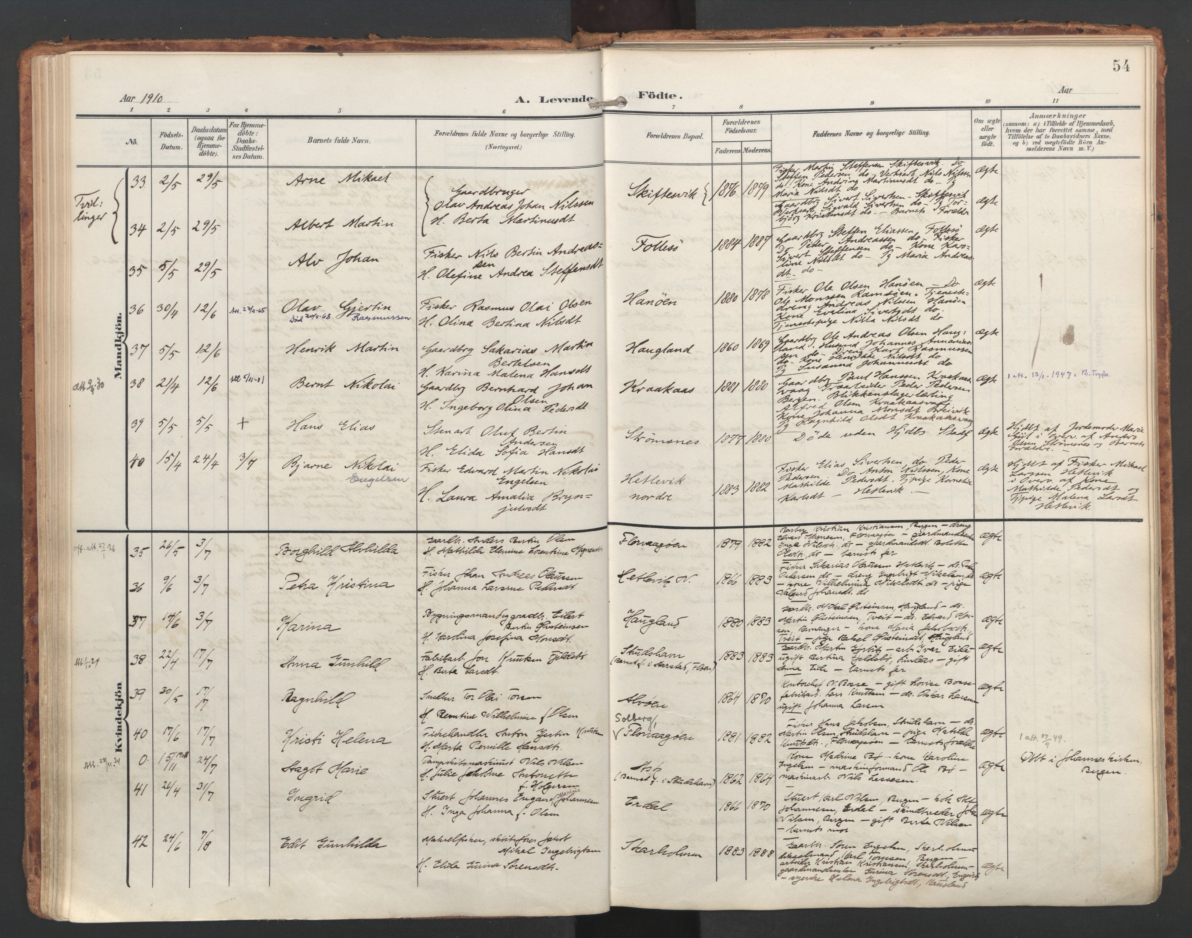 Askøy Sokneprestembete, AV/SAB-A-74101/H/Ha/Haa/Haac/L0002: Parish register (official) no. C 2, 1905-1922, p. 54